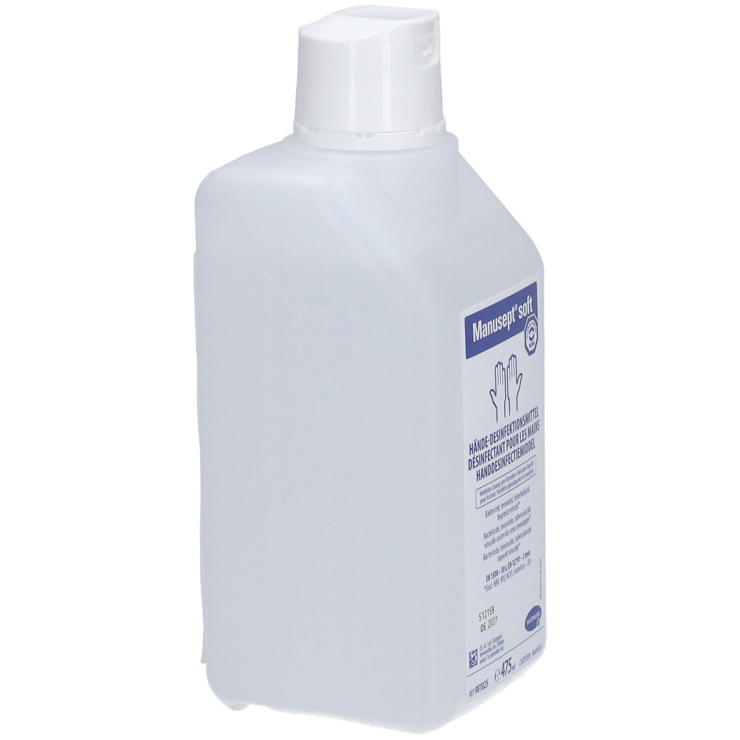 Flacon de désinfectant pour les mains. Inscription: Manusept soft. Flacon en plastique transparent avec bouchon blanc.