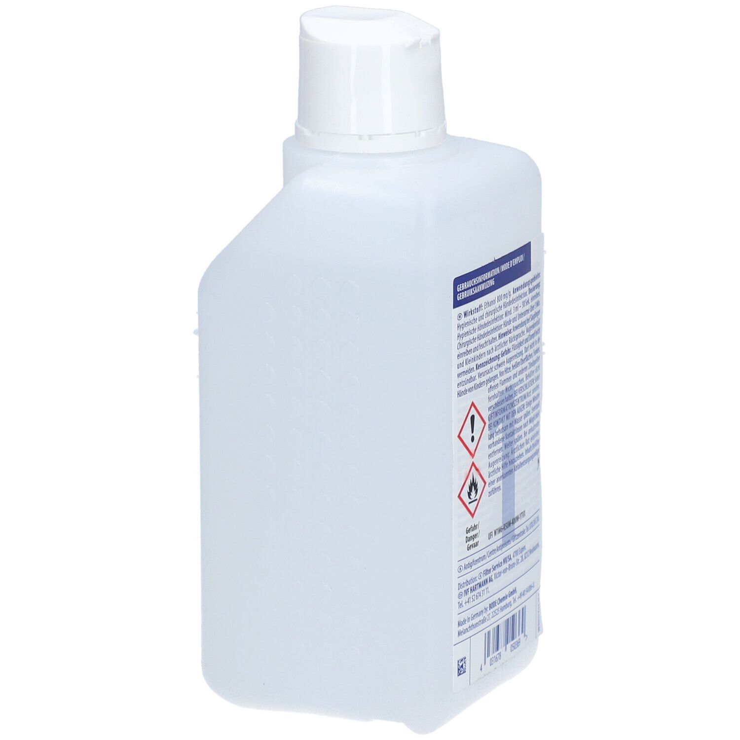 Flacon de désinfectant pour les mains. Dos avec informations sur les ingrédients et les avertissements. Flacon transparent.