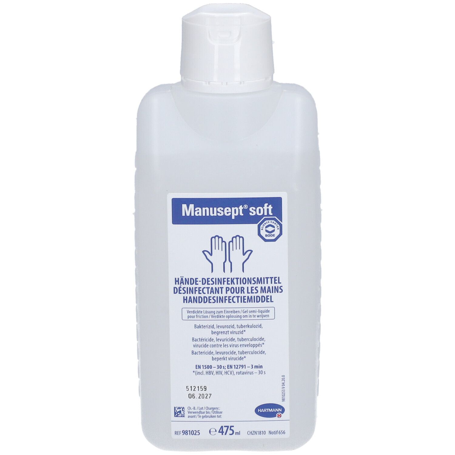 Flacon de désinfectant pour les mains. Inscription: Manusept soft. Contient des informations sur l'utilisation et les ingrédients. Bouchon blanc.