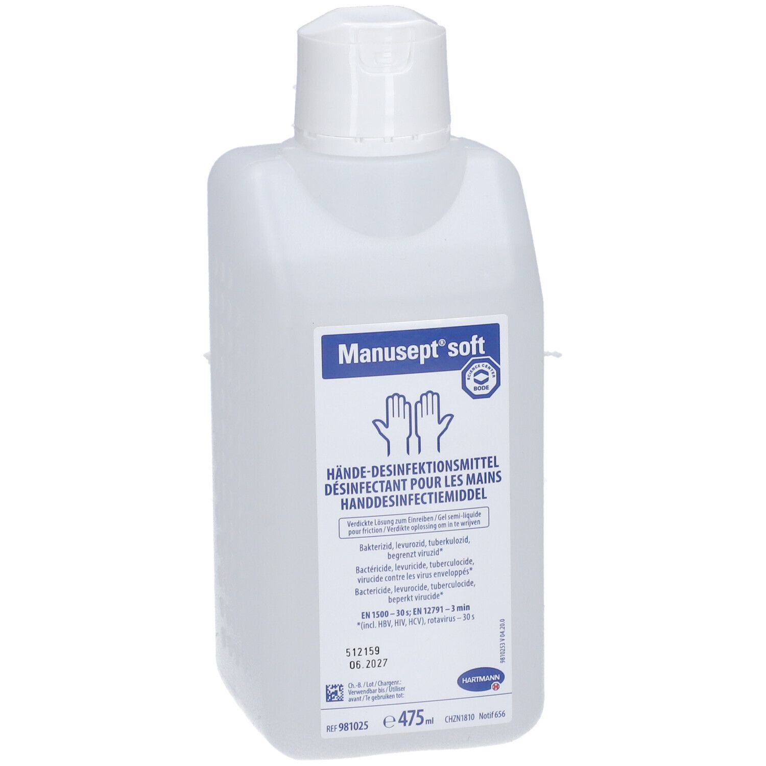Flacon de désinfectant pour les mains. Inscription: Manusept soft. Contient des informations sur l'utilisation et les ingrédients. Bouchon blanc.