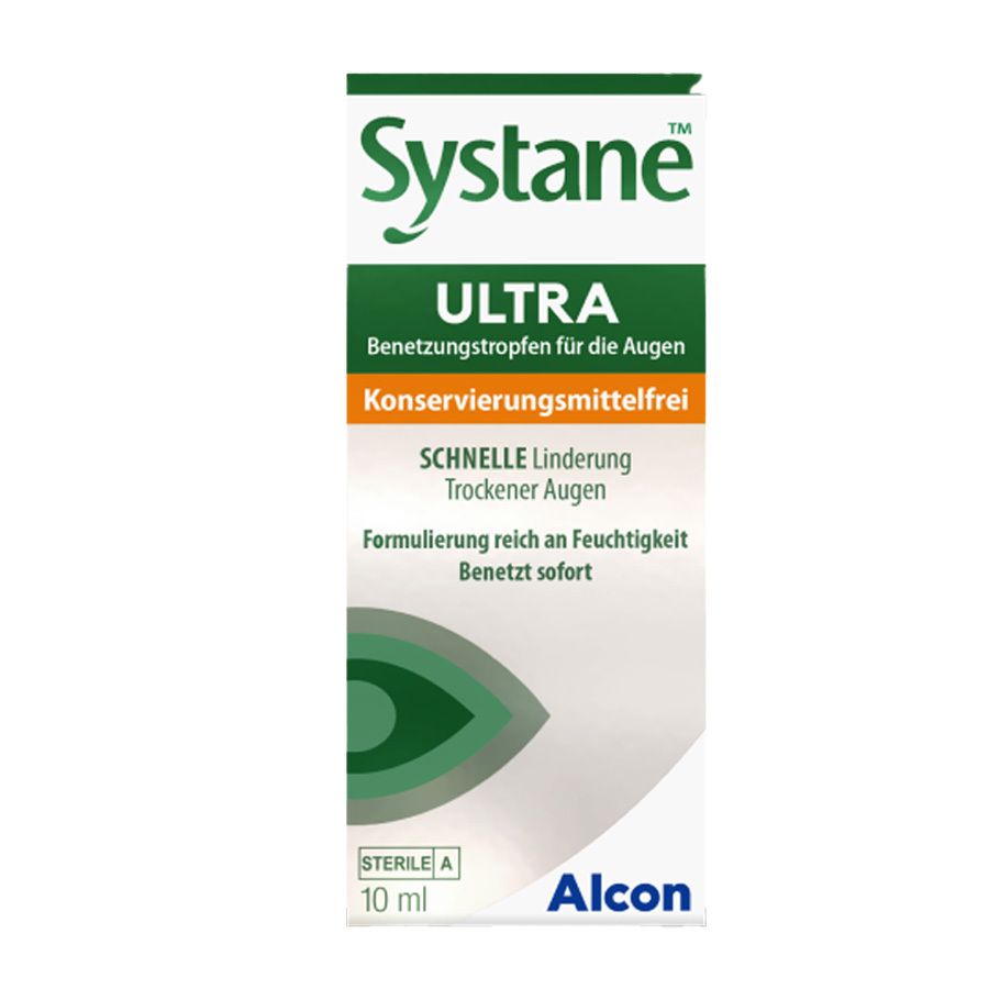 SYSTANE Ultra Augentropfen-Packung. Grün-weißes Design mit Produktnamen und Text. 10 ml Flasche, steril.