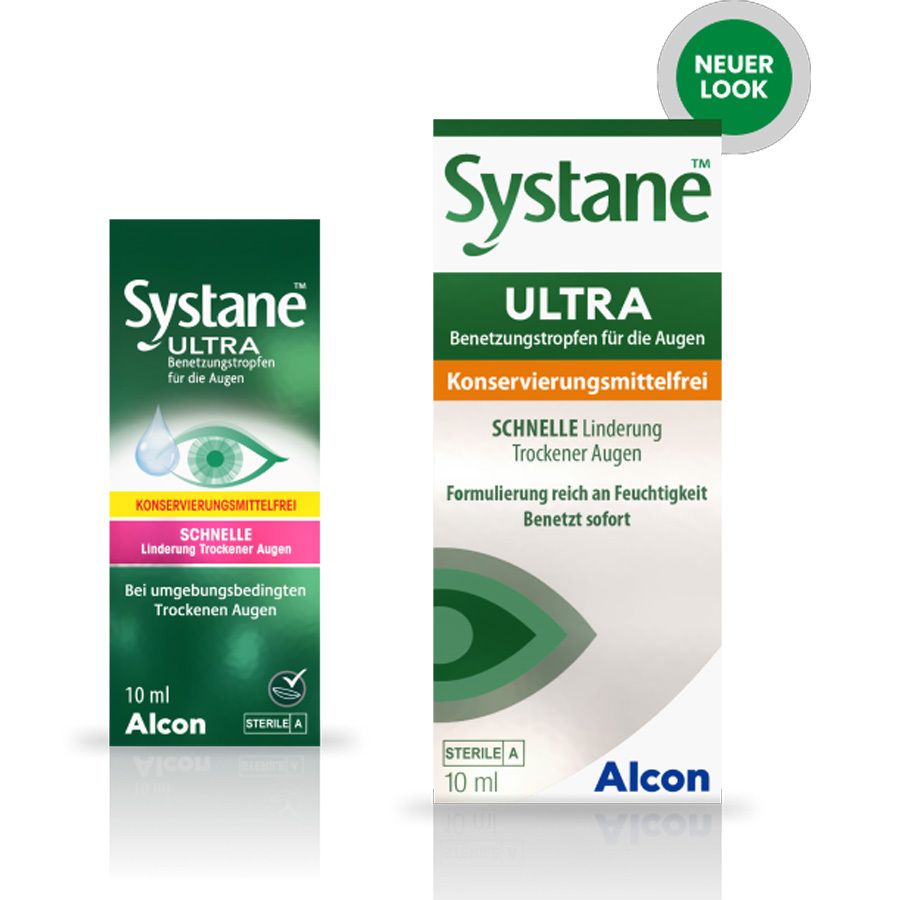 Zwei Packungen SYSTANE Ultra Augentropfen. Eine Packung mit Produktnamen und Text. 10 ml Flasche, steril. Neuer Look.