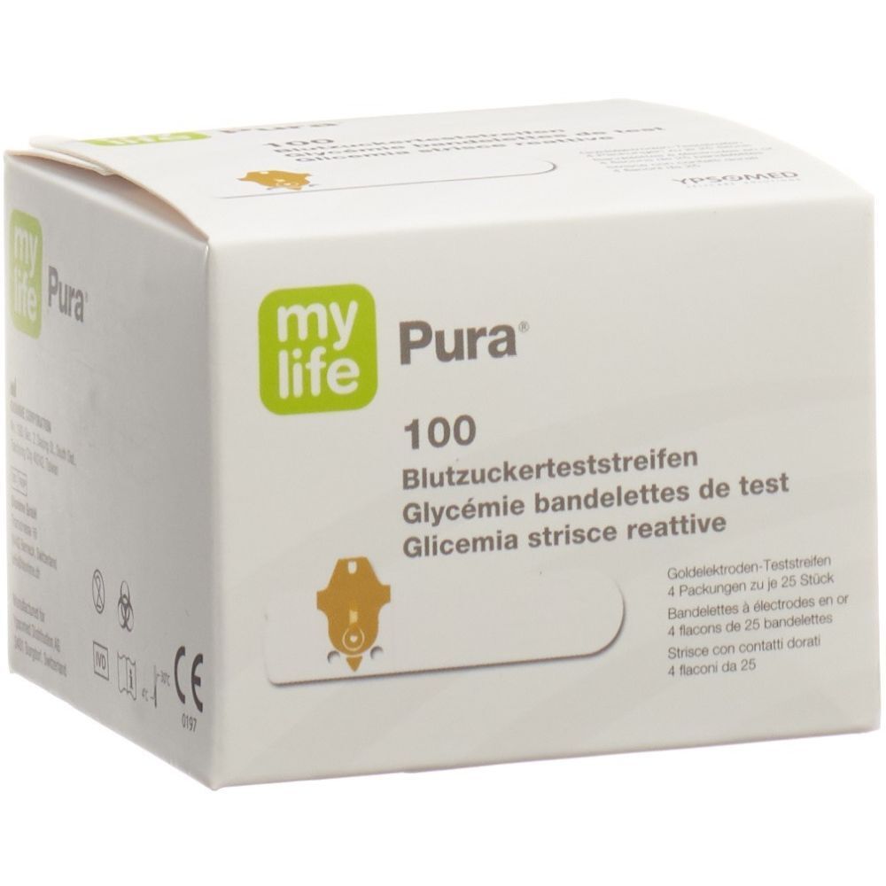 Weiße Schachtel mit Aufschrift "my life Pura 100 Blutzuckerteststreifen". Goldfarbenes Logo und Streifen-Illustration.