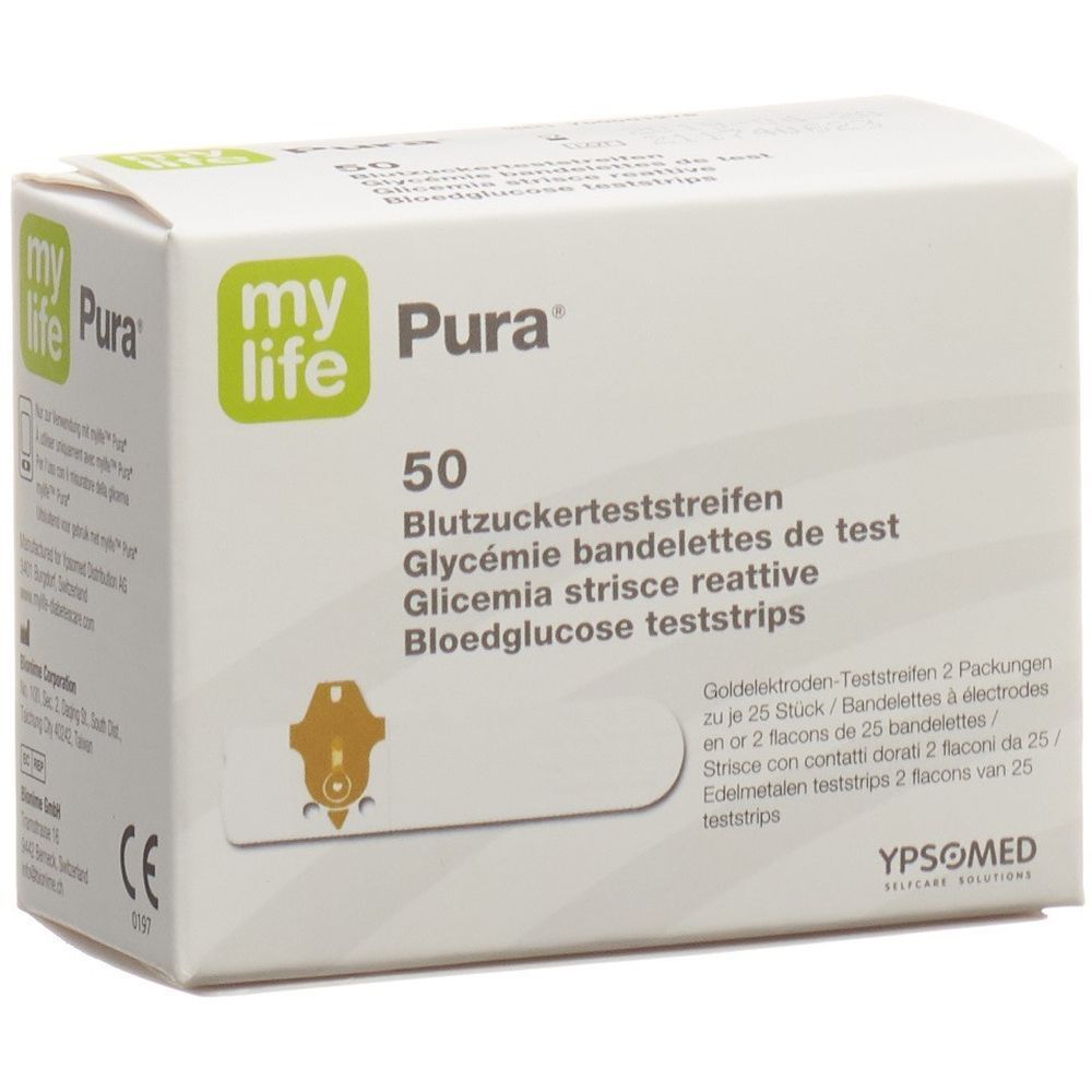 Packung MYLIFE Pura Blutzuckerteststreifen. 50 Teststreifen. Goldfarbene Teststreifen-Abbildung. YPSOMED Logo.