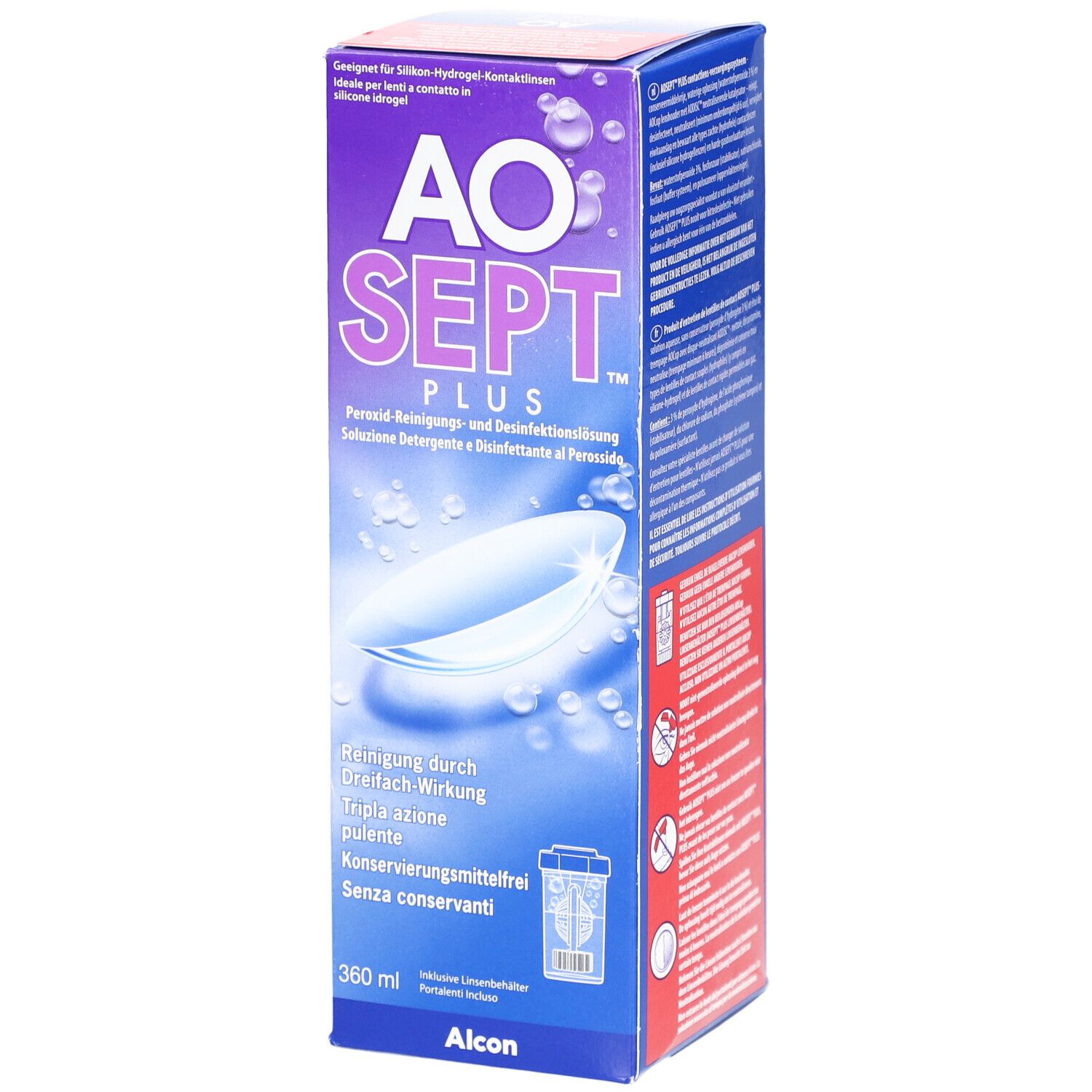 AOSEPT PLUS-Verpackung. Peroxid-Reinigungs- und Desinfektionslösung. 360 ml Flasche. Alcon-Logo. Enthält Kontaktlinsenbehälter.