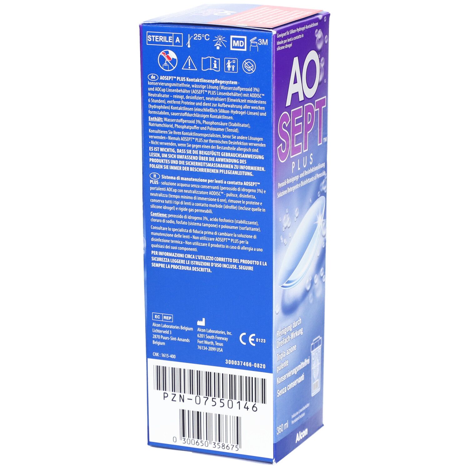 AOSEPT PLUS-Verpackung, Seitenansicht. Textinformationen, Inhaltsstoffe, Herstellerangaben, Chargennummer, CE-Kennzeichnung, 360 ml.