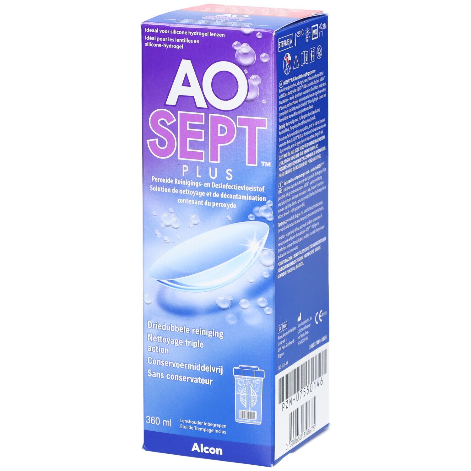AOSEPT PLUS-Verpackung. Peroxid-Reinigungs- und Desinfektionslösung. 360 ml Flasche. Alcon-Logo. Enthält Kontaktlinsenbehälter.