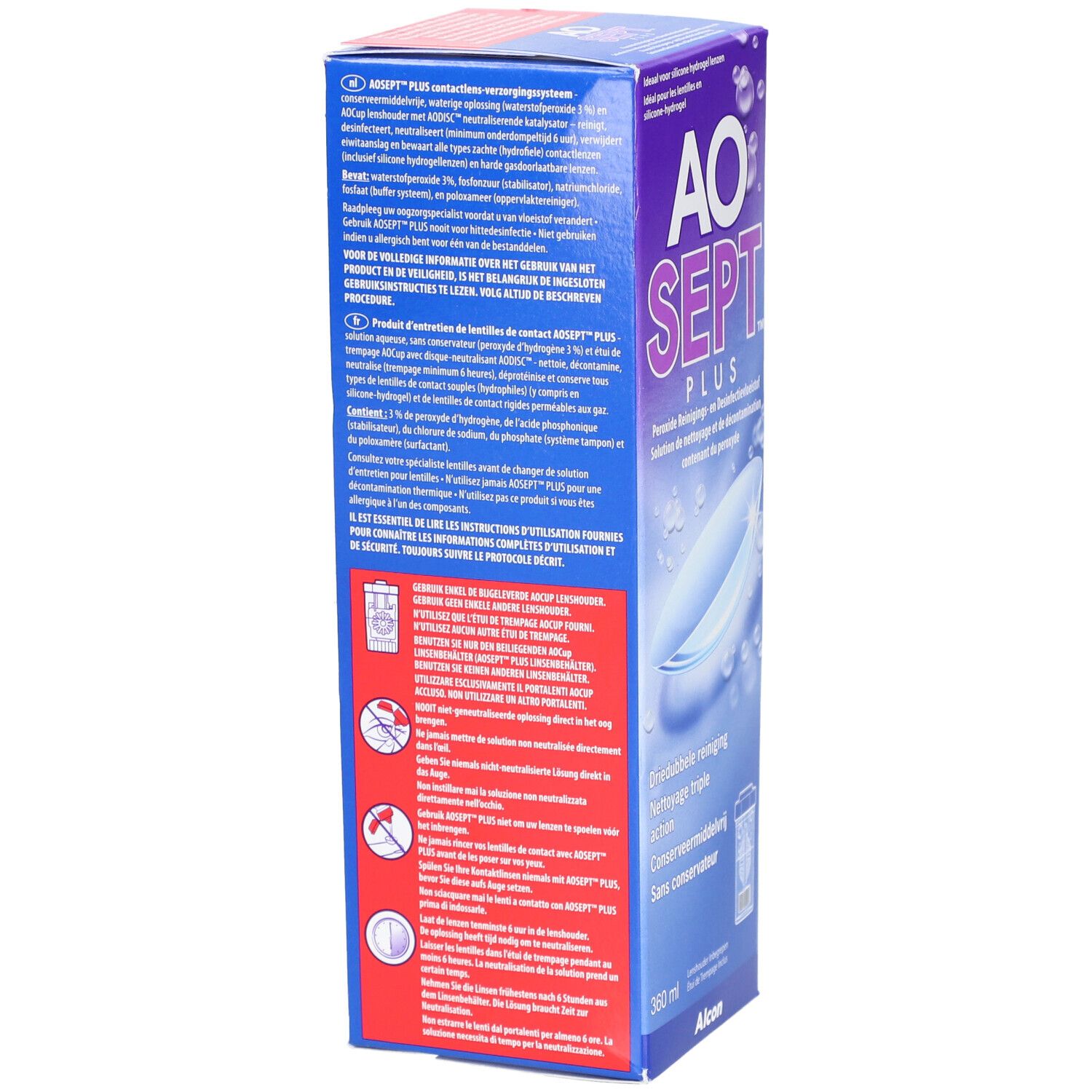 AOSEPT PLUS-Verpackung, Seitenansicht. Textinformationen, Gebrauchsanweisung, Warnhinweise, 360 ml.