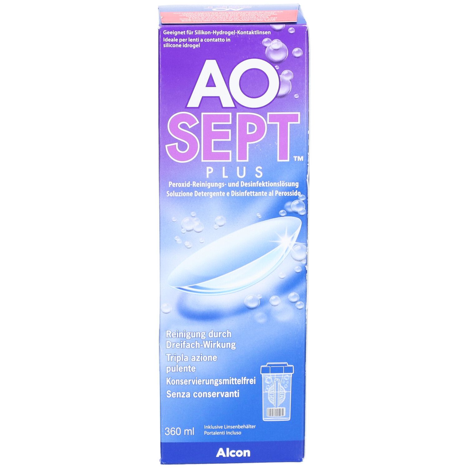 AOSEPT PLUS-Verpackung. Peroxid-Reinigungs- und Desinfektionslösung. 360 ml Flasche. Alcon-Logo. Enthält Kontaktlinsenbehälter.