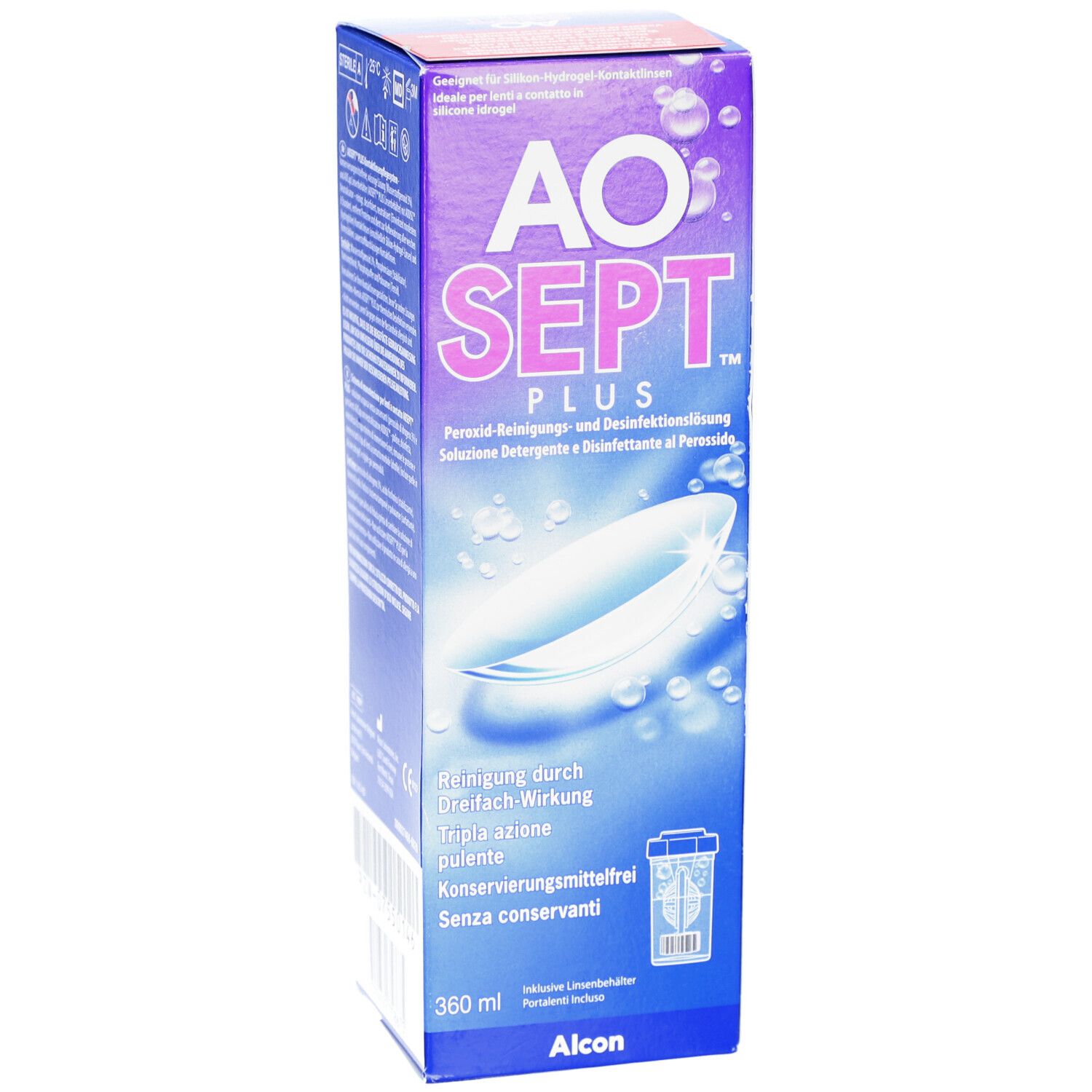 AOSEPT PLUS-Verpackung. Peroxid-Reinigungs- und Desinfektionslösung. 360 ml Flasche. Alcon-Logo. Enthält Kontaktlinsenbehälter.
