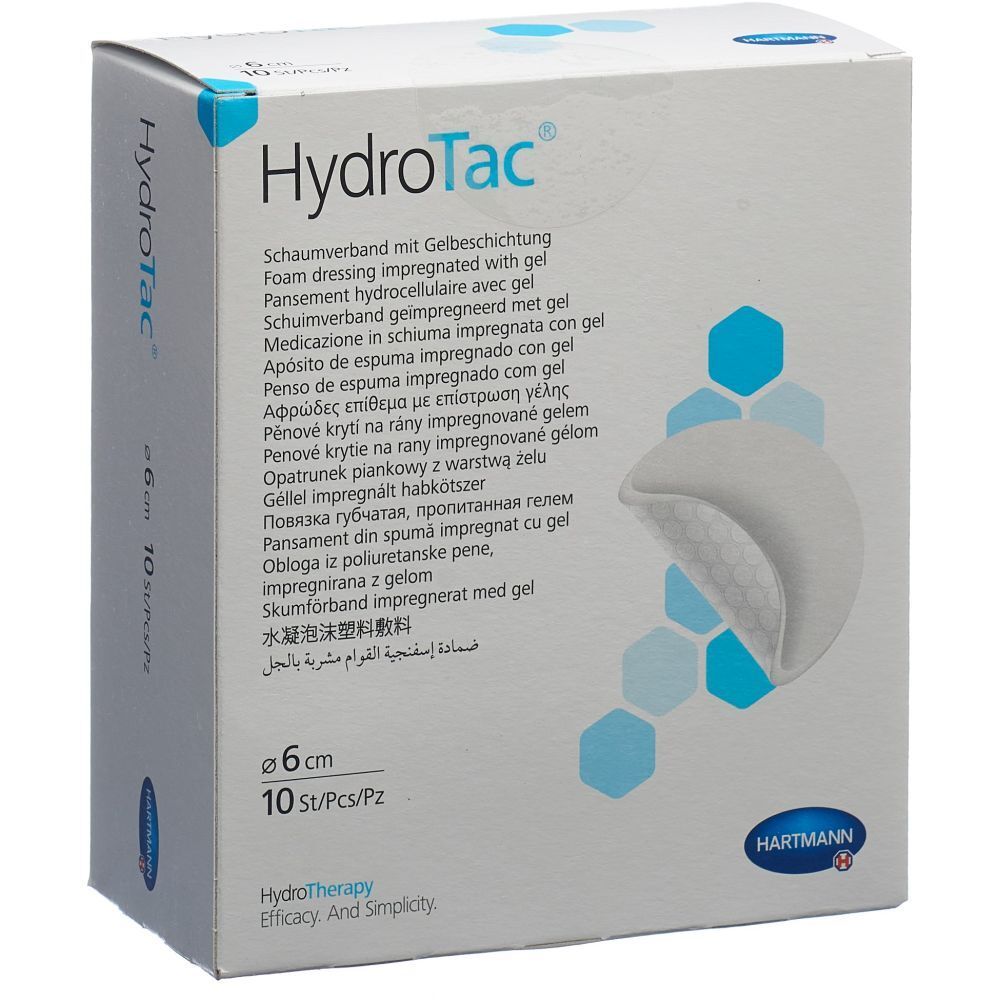 HydroTac® Schaumverband, 6 cm rund, in Verpackung. 10 Stück. Hartmann Logo. Blaue Akzente.