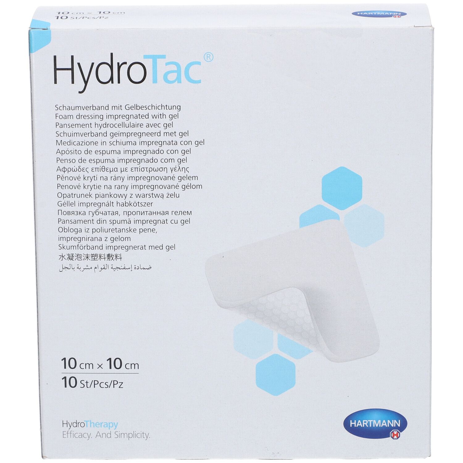 Pansements HydroTac, 10 x 10 cm, 10 pièces. Marque HydroTac et Hartmann. Description du produit sur l'emballage.