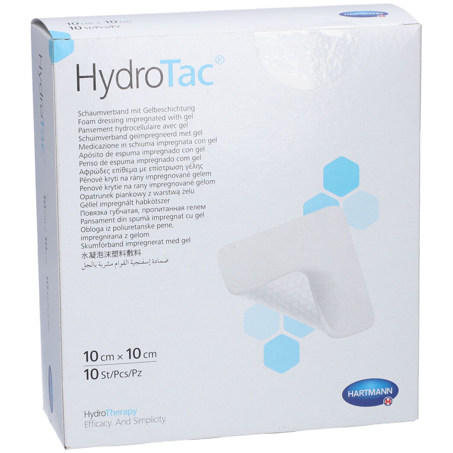 Pansements HydroTac, 10 x 10 cm, 10 pièces. Marque HydroTac et Hartmann. Description du produit sur l'emballage.