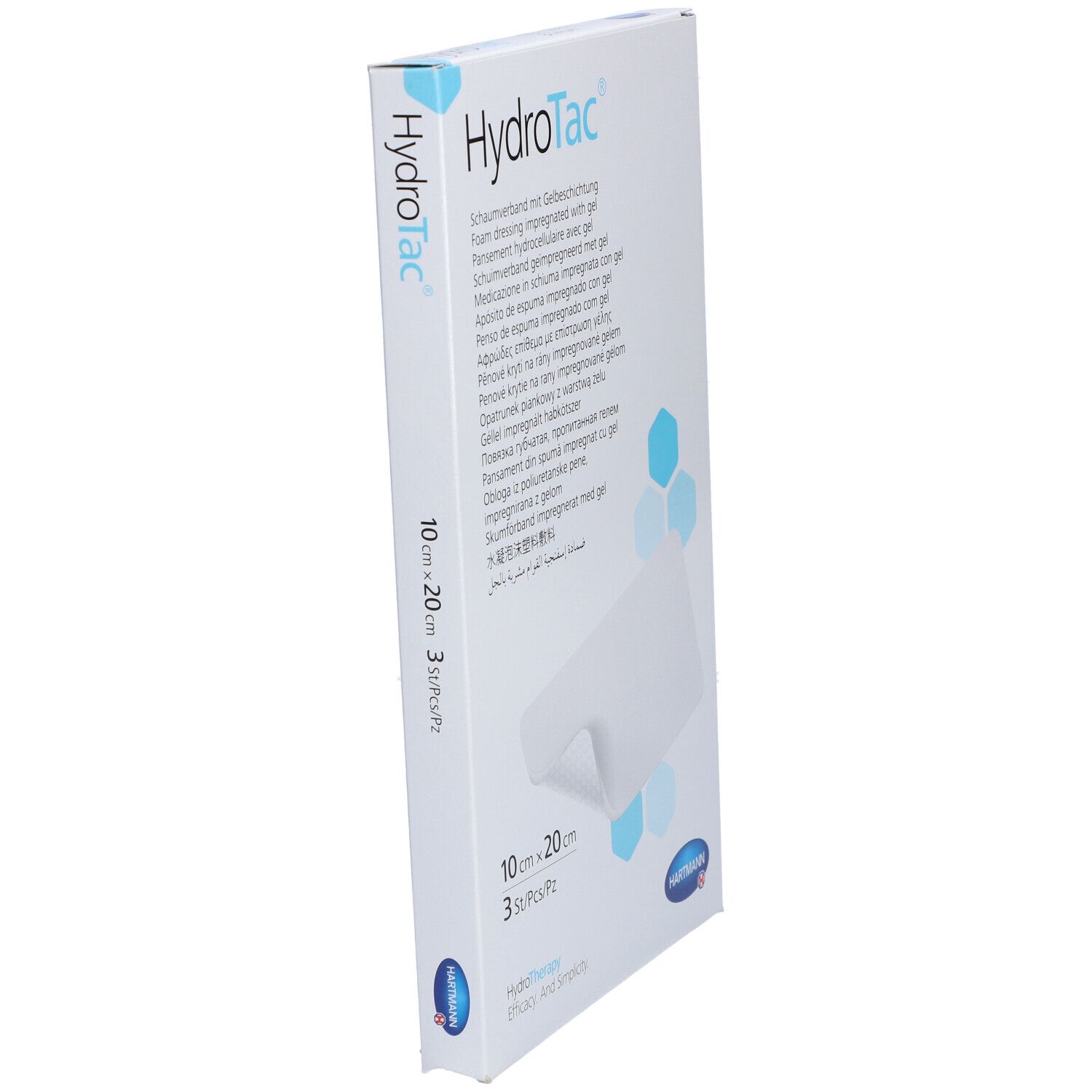 HydroTac® Pflaster-Verpackung. Größe 10 x 20 cm, 3 Stück. Produktname und Logo auf der Verpackung.