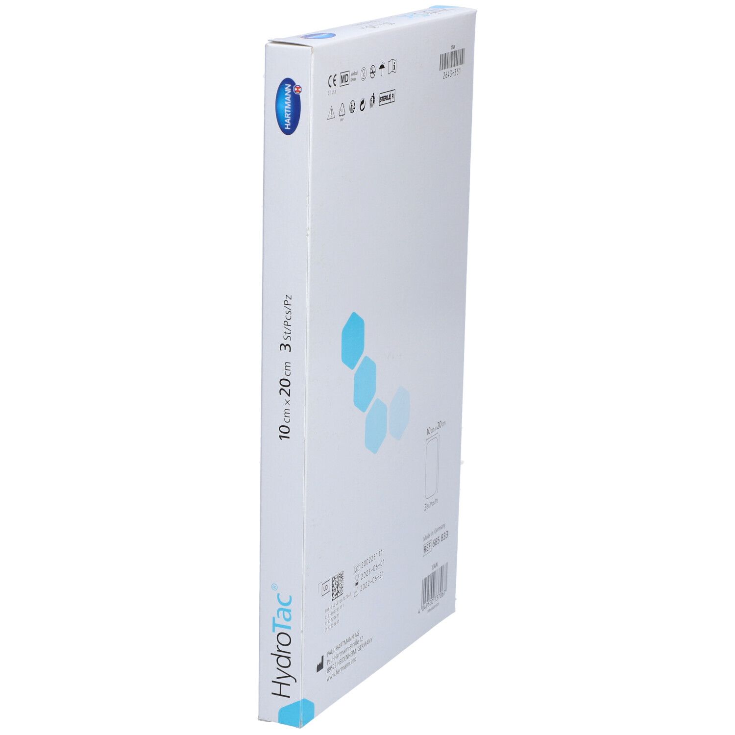 Seitenansicht der HydroTac® Pflaster-Verpackung. Größe 10 x 20 cm, 3 Stück. Produktname und Logo.