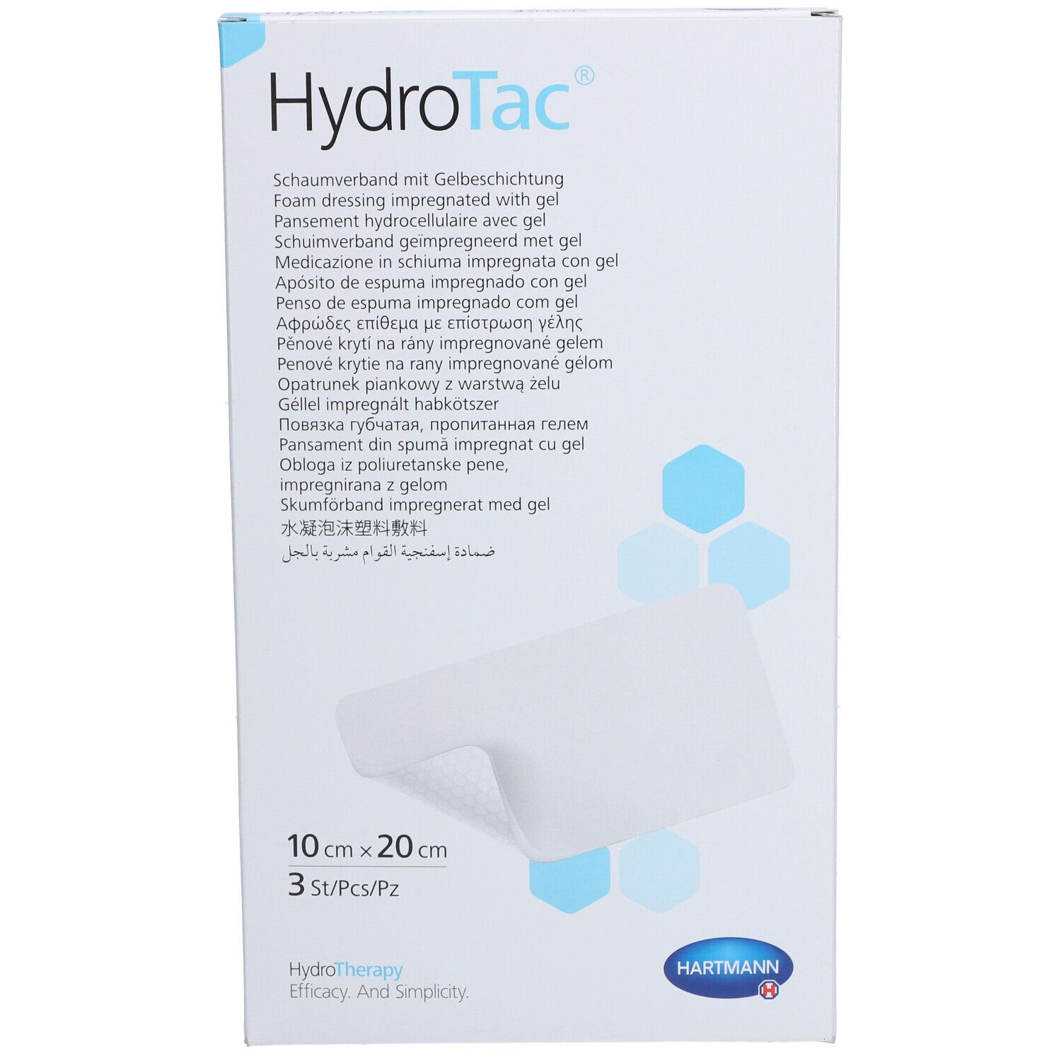 HydroTac® Pflaster-Verpackung. Größe 10 x 20 cm, 3 Stück. Produktname und Logo deutlich sichtbar.