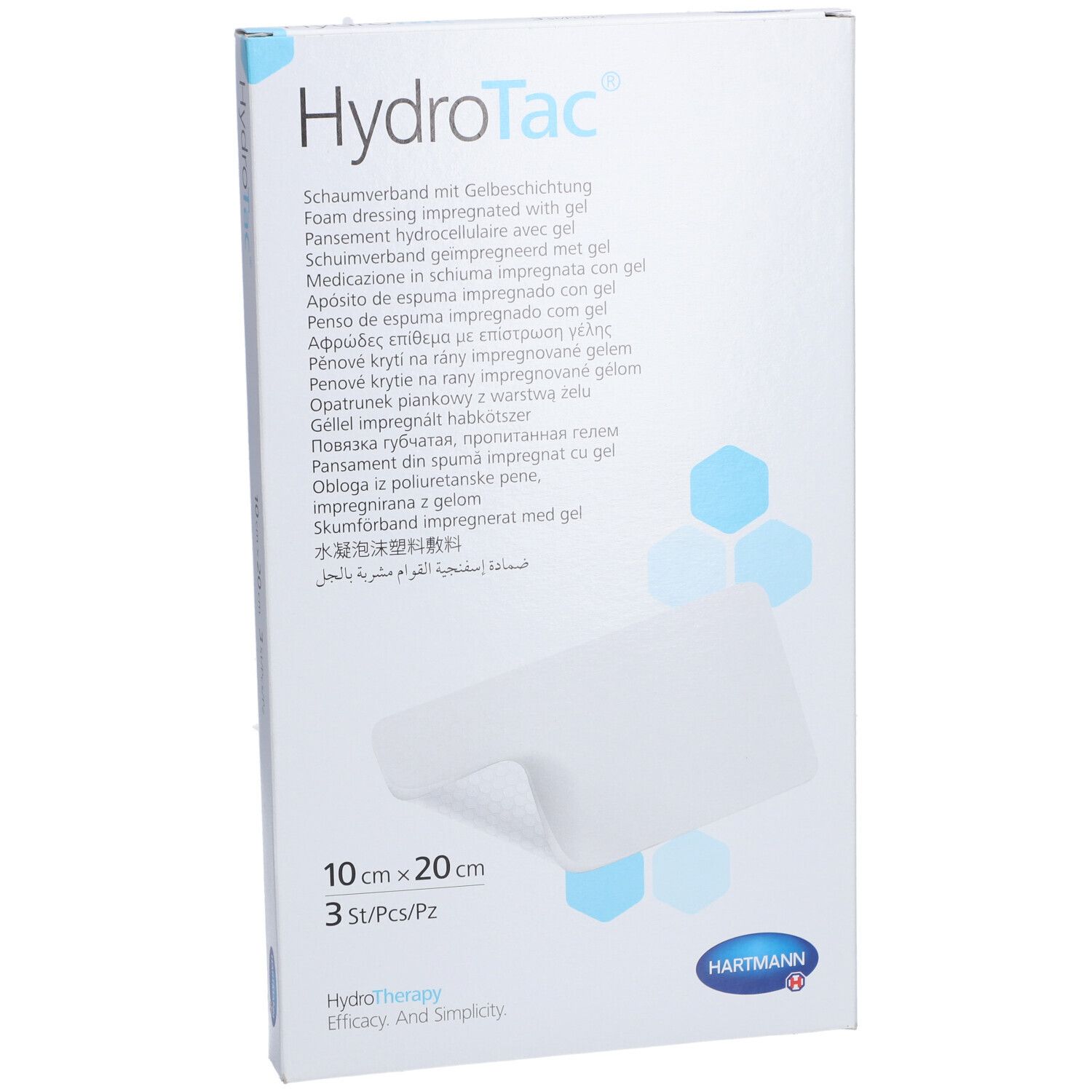 HydroTac® Pflaster-Verpackung. Größe 10 x 20 cm, 3 Stück. Produktname und Logo deutlich sichtbar.