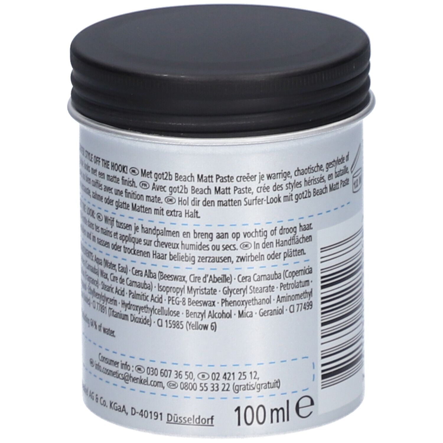 Pot avec couvercle noir. Texte: got2b BEACH MATT matt paste. Ingrédients et coordonnées.