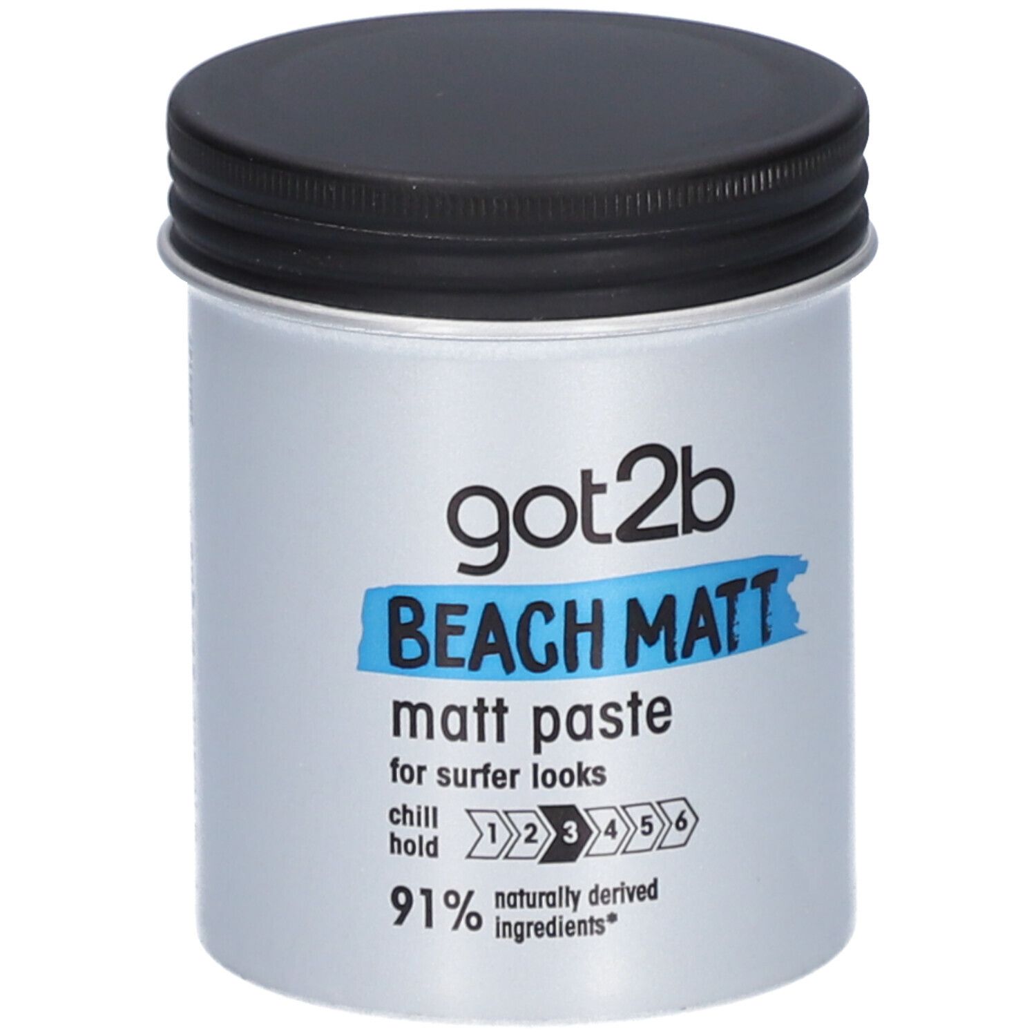 Pot argenté avec couvercle noir. Inscription: got2b BEACH MATT matt paste. 91% ingrédients naturels.
