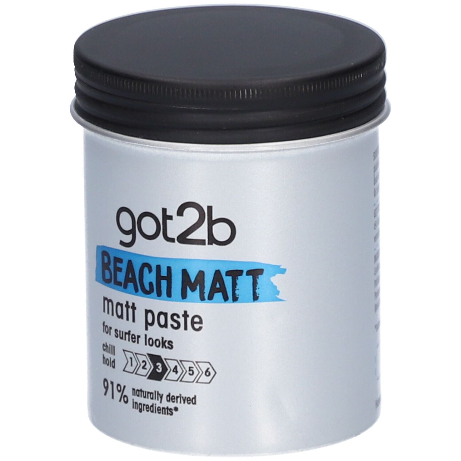 Pot argenté avec couvercle noir. Inscription: got2b BEACH MATT matt paste. 91% ingrédients naturels.