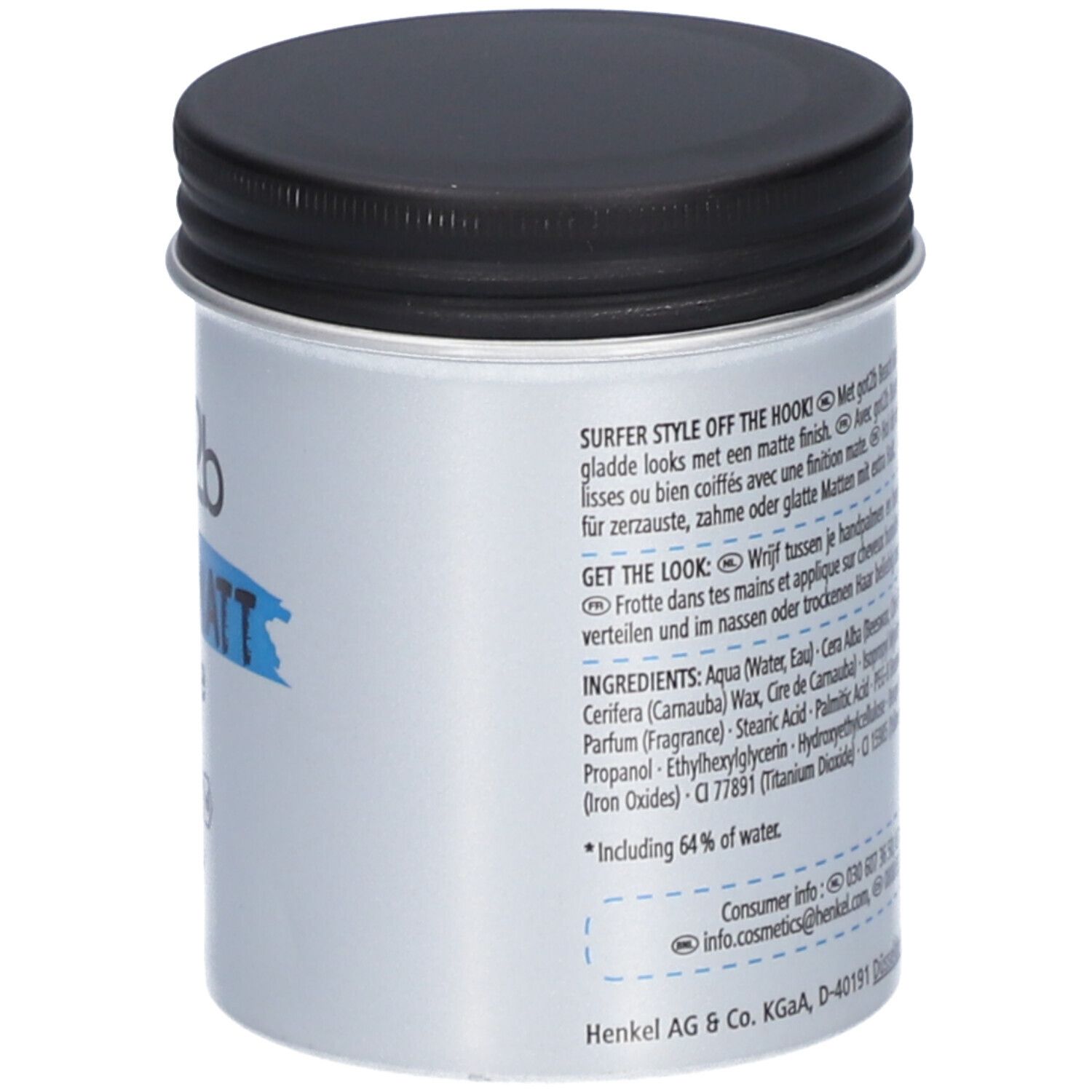 Pot avec couvercle noir. Texte: got2b BEACH MATT matt paste. Ingrédients et coordonnées.