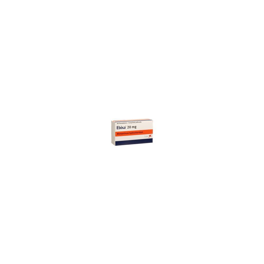 Boîte "Ebixa 20 mg". Couleurs orange, blanc et bleu. Forme rectangulaire.