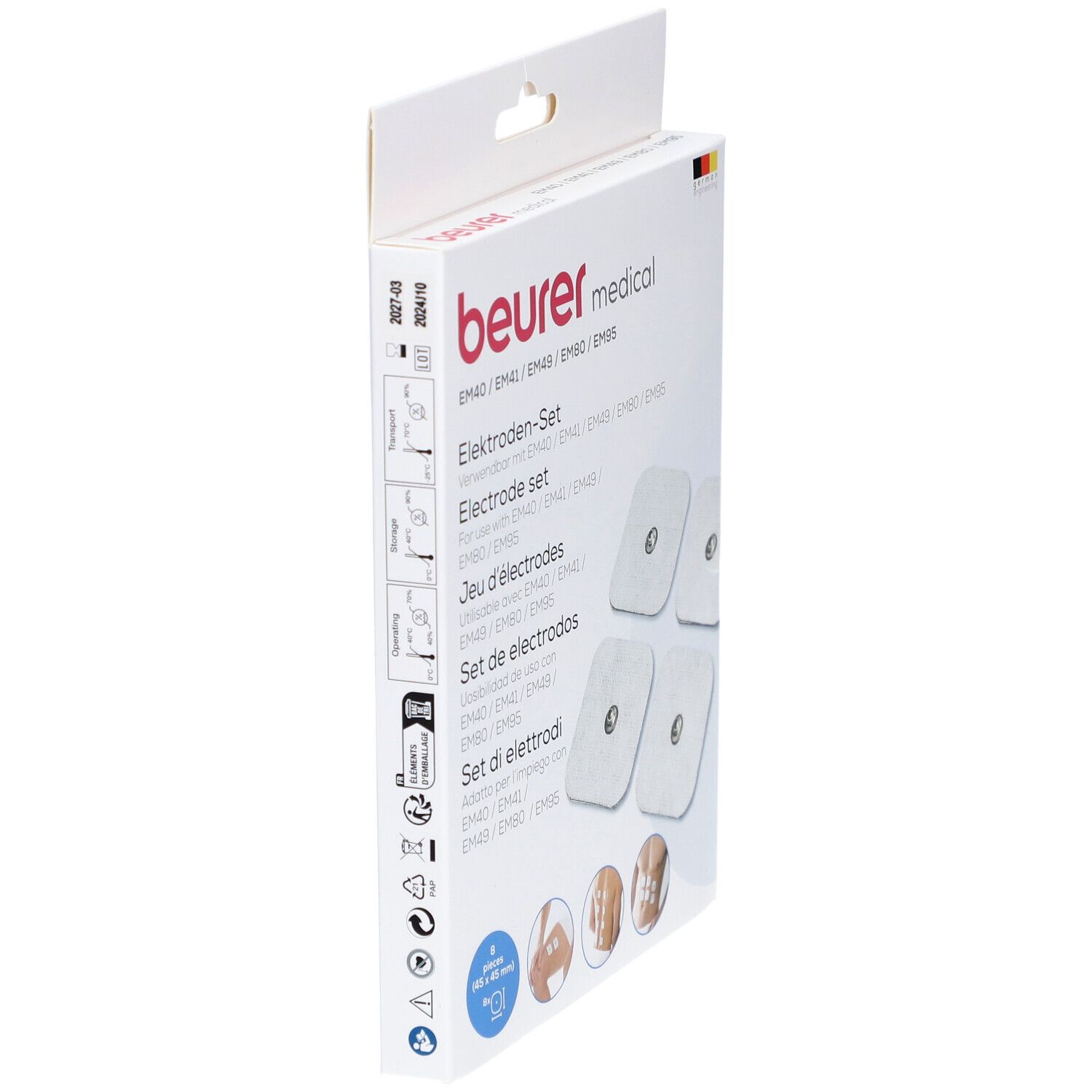 Set d'électrodes Beurer, vue latérale de l'emballage. Contient 4 électrodes. Nom du produit et marque visibles.