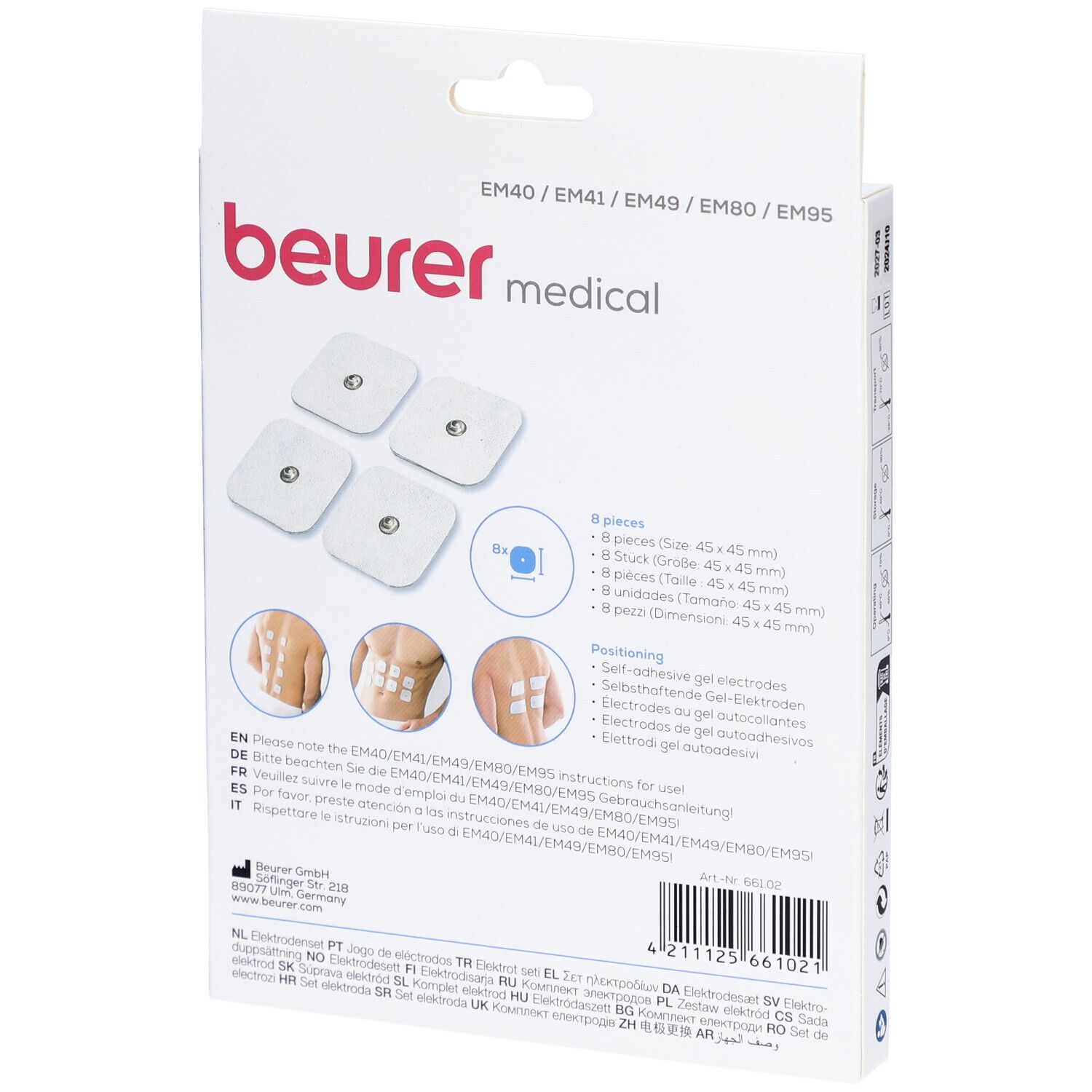 Dos de l'emballage du set d'électrodes Beurer. 4 électrodes carrées blanches. Informations produit et marque visibles.
