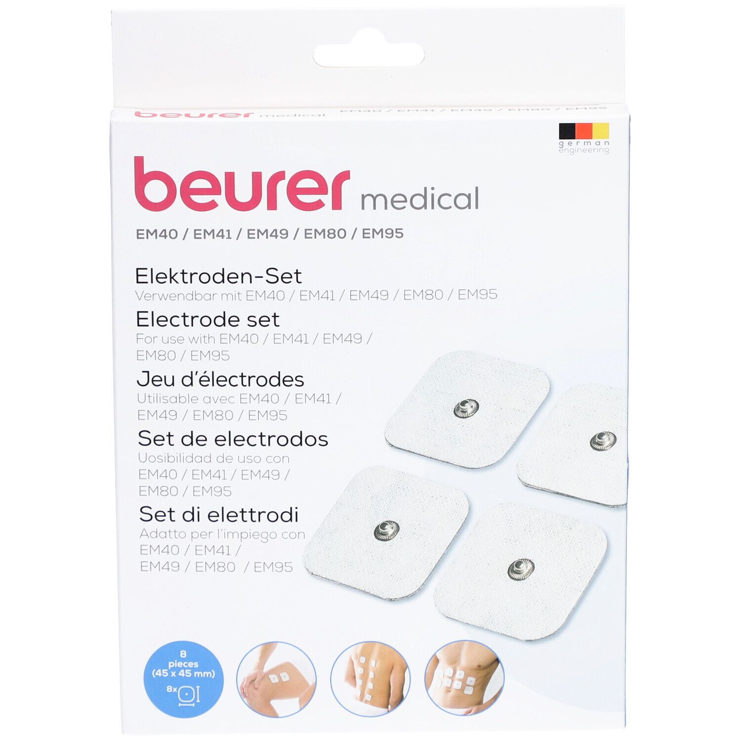 Set d'électrodes Beurer. Boîte avec 4 électrodes carrées blanches. Marque et nom du produit visibles.