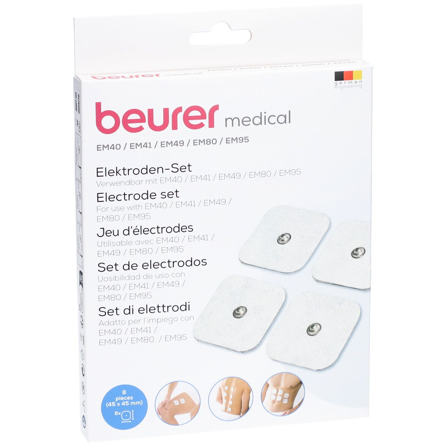 Set d'électrodes Beurer. Boîte avec 4 électrodes carrées blanches. Marque et nom du produit visibles.