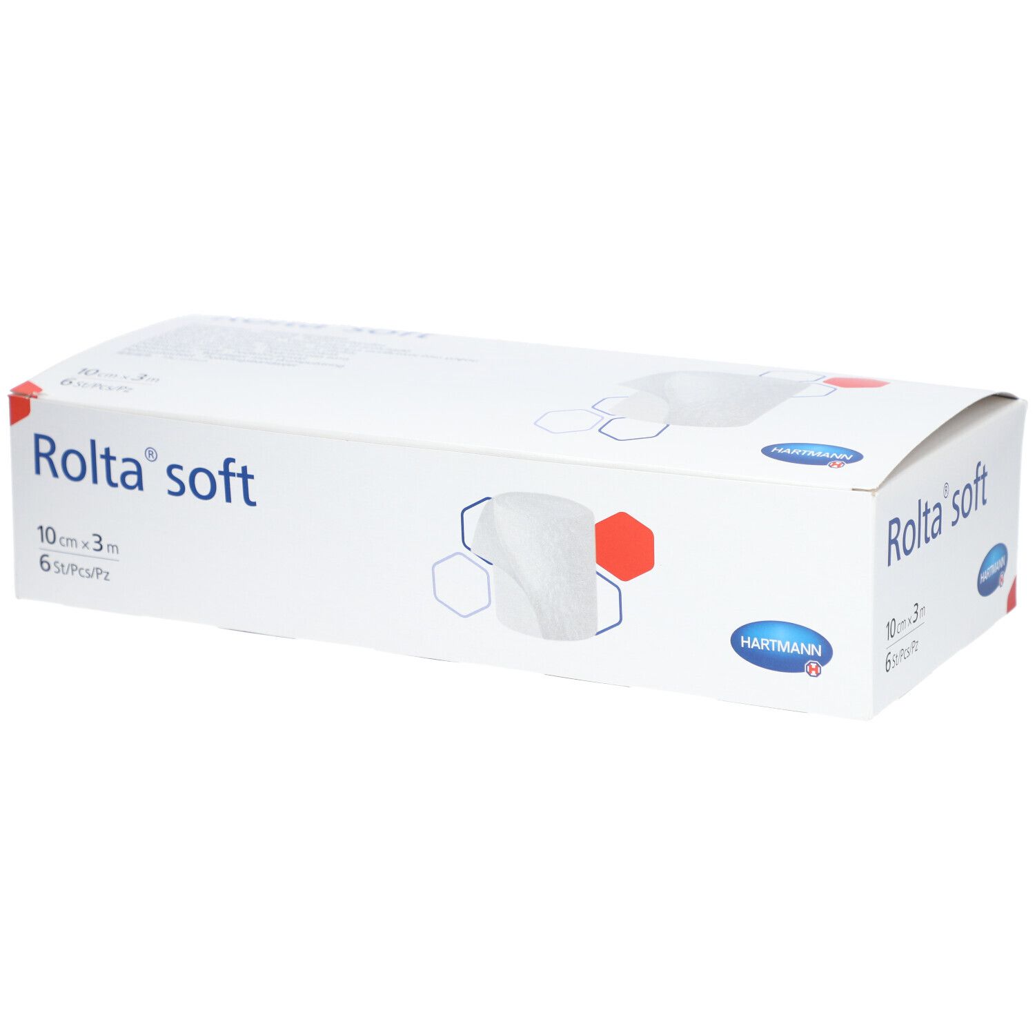 Weiße Verpackung mit Produktnamen Rolta soft, 10 cm x 3 m, 6 Stück. Hartmann Logo.