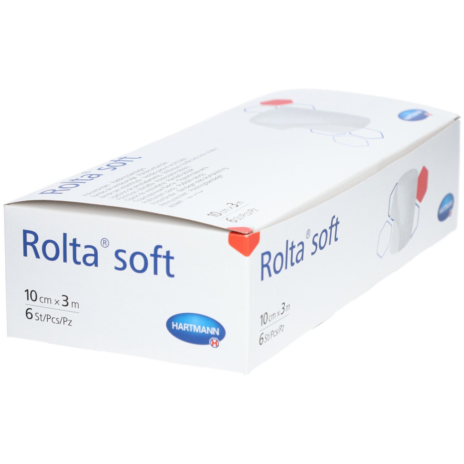 Weiße Verpackung Rolta soft, 10 cm x 3 m, 6 Stück. Hartmann Logo. Perspektivische Ansicht.