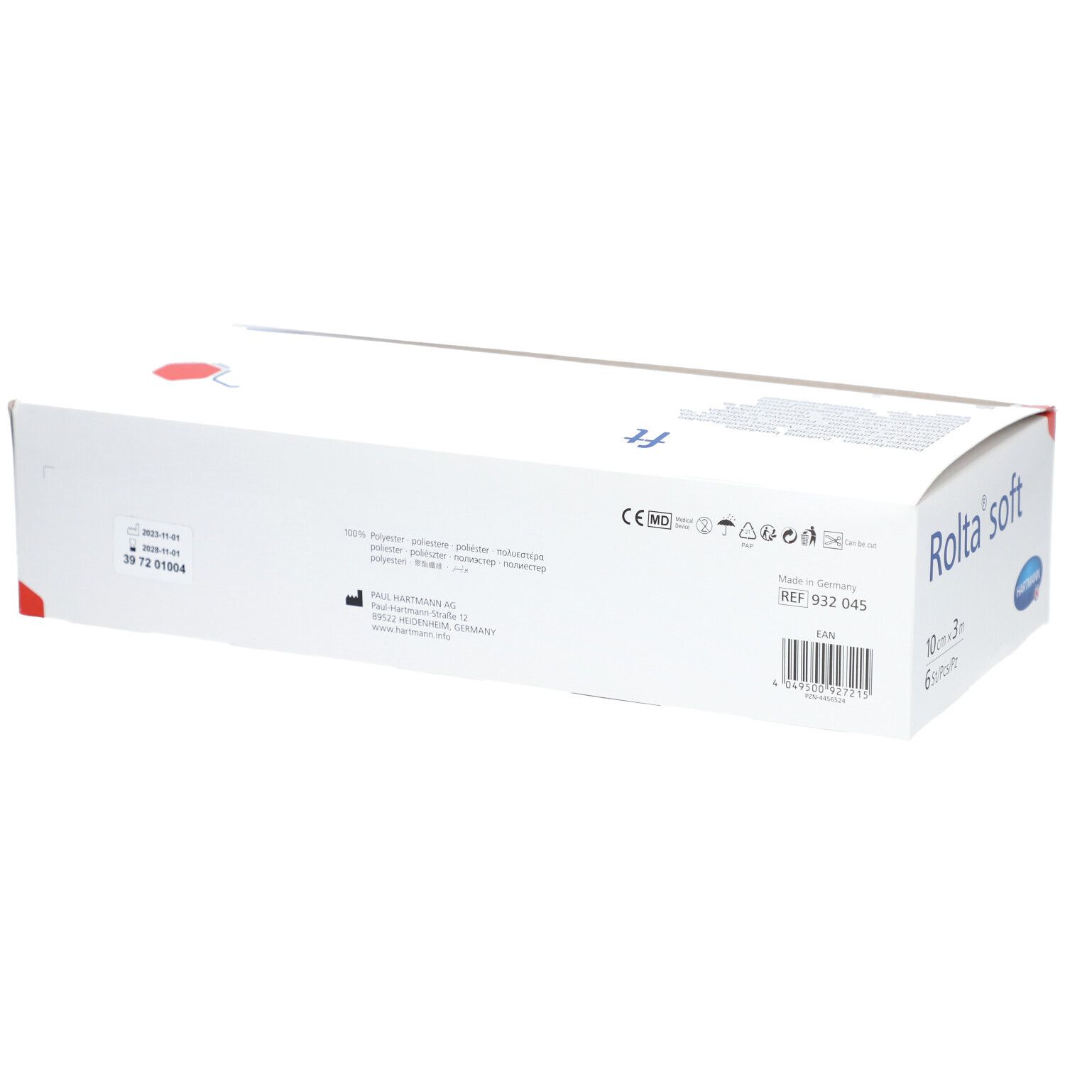 Rückseite der weißen Verpackung Rolta soft. Produktinformationen, CE-Kennzeichnung, Hersteller.