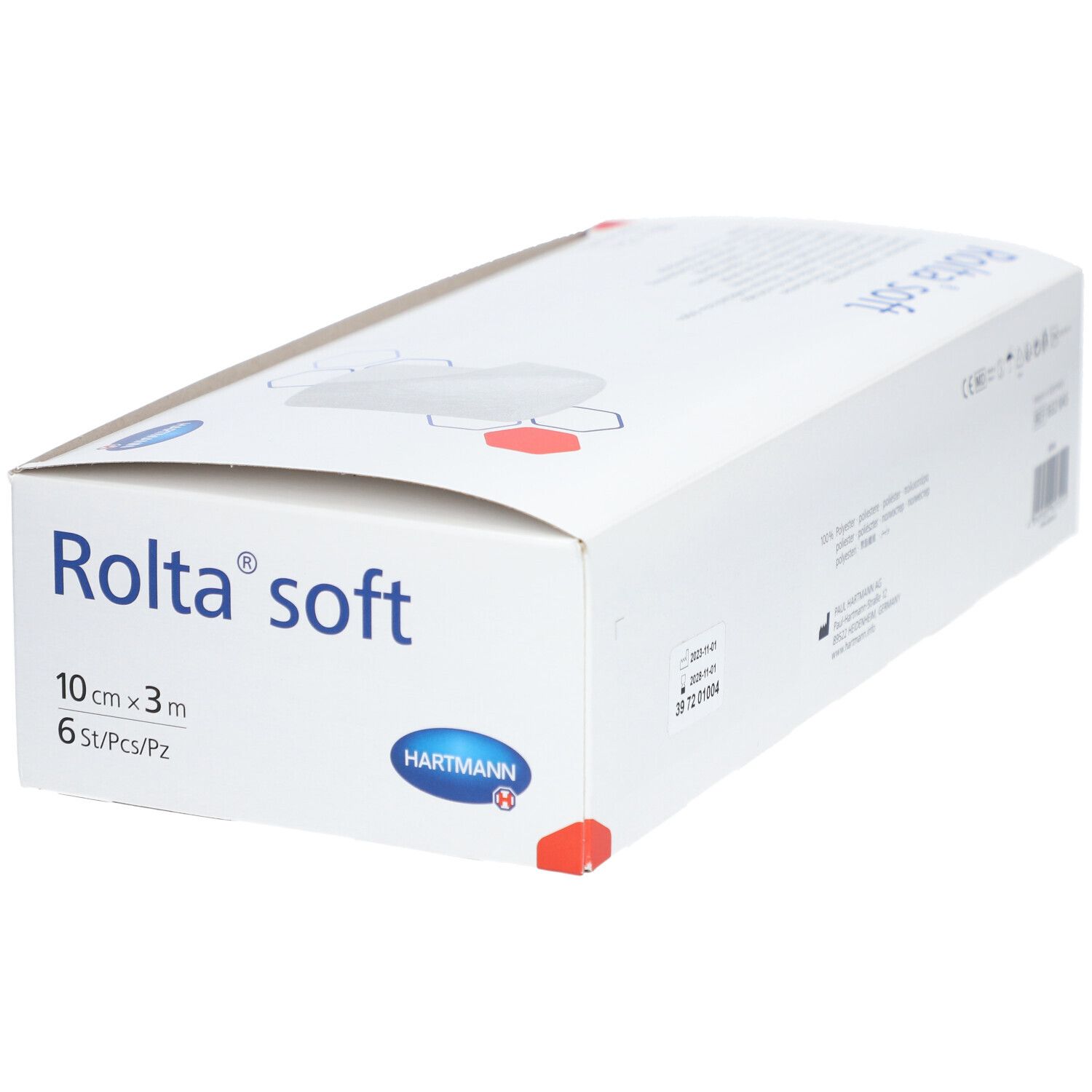 Weiße Verpackung Rolta soft, 10 cm x 3 m, 6 Stück. Hartmann Logo. Schräge Ansicht.