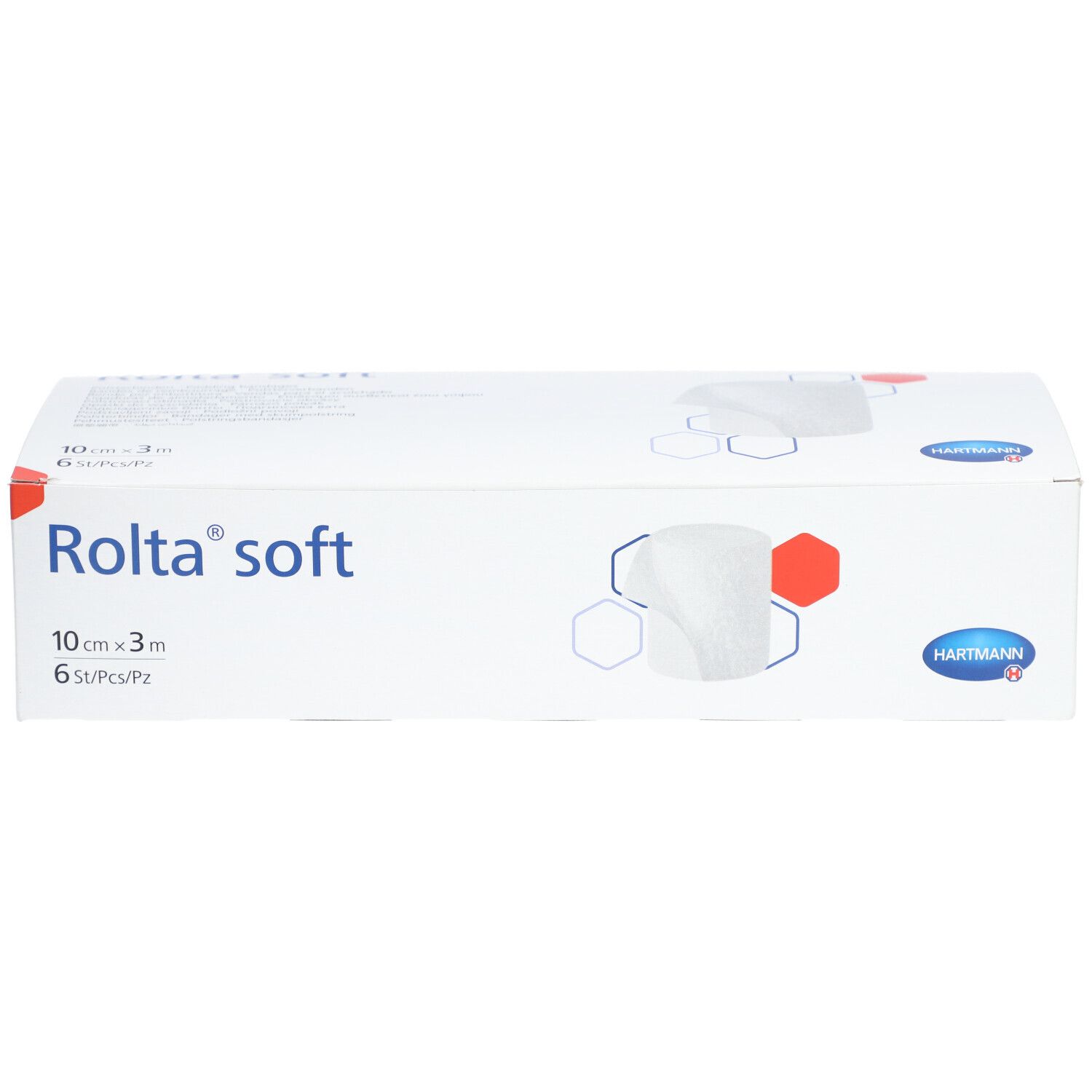 Weiße Verpackung Rolta soft, 10 cm x 3 m, 6 Stück. Hartmann Logo. Draufsicht.