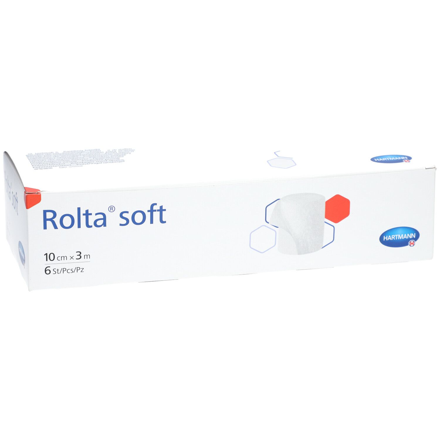 Weiße Verpackung Rolta soft, 10 cm x 3 m, 6 Stück. Hartmann Logo. Schräge Ansicht.
