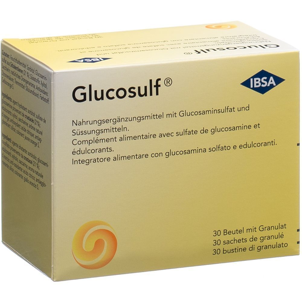 Karton mit Glucosulf®. Enthält 30 Beutel Granulat. IBSA Logo.