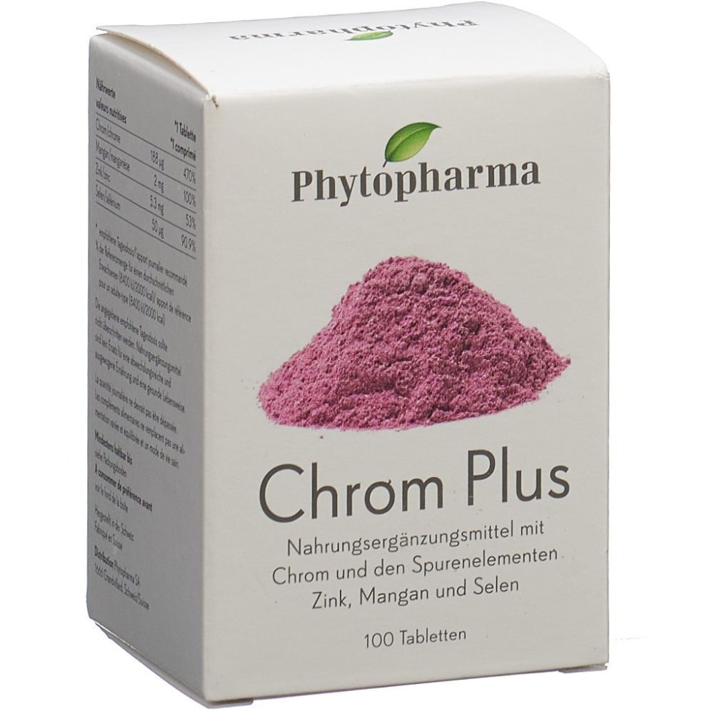 Boîte blanche avec "Phytopharma" et "Chrom Plus". Poudre rose. 100 comprimés.
