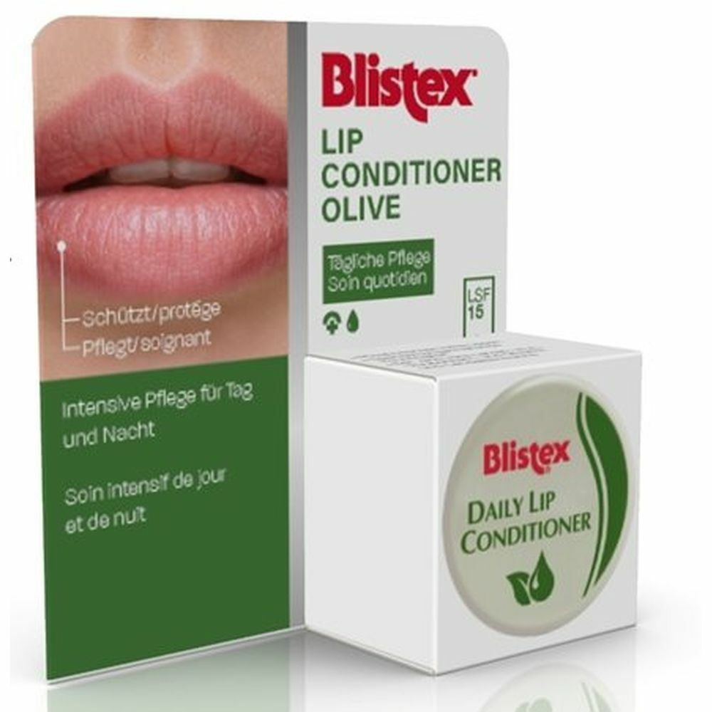 Blistex Daily Lip Conditioner Olive. Weiße Verpackung mit Lippenabbildung. Text: Tägliche Pflege, LSF 15.