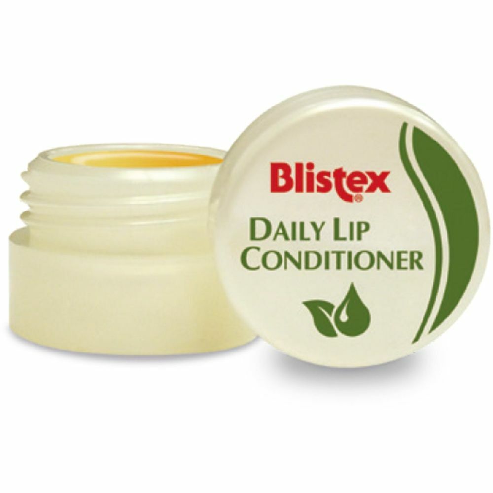 Blistex Daily Lip Conditioner. Weißer Tiegel mit grünem Logo. Deckel mit Produktnamen und Blattmotiv.