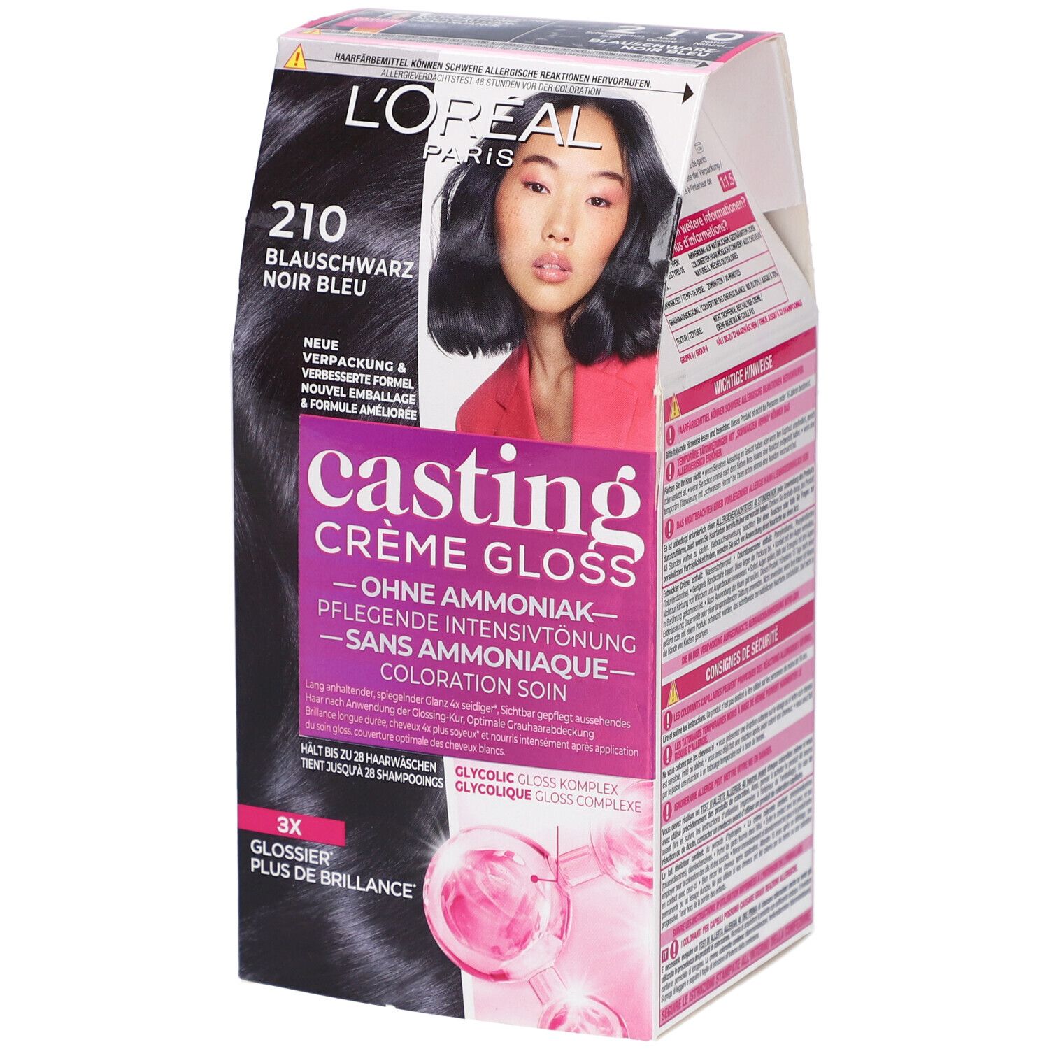 Haarfarbe L'Oréal Paris Casting Crème Gloss, Farbton 210 Blauschwarz. Verpackung mit Produktabbildung und Model.