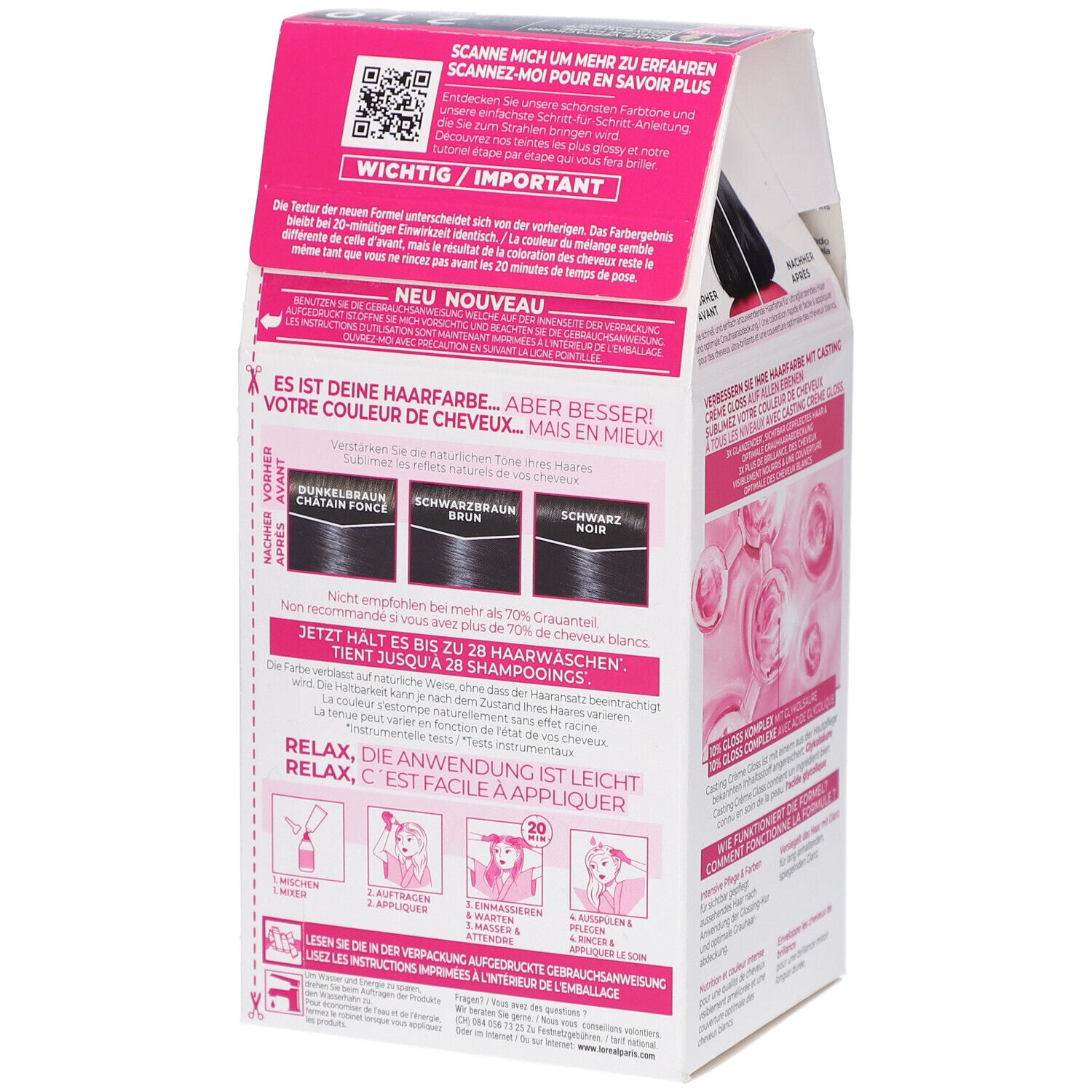 Rückseite der Haarfarbenverpackung. Text mit Farbergebnissen, Anwendungshinweisen und QR-Code.