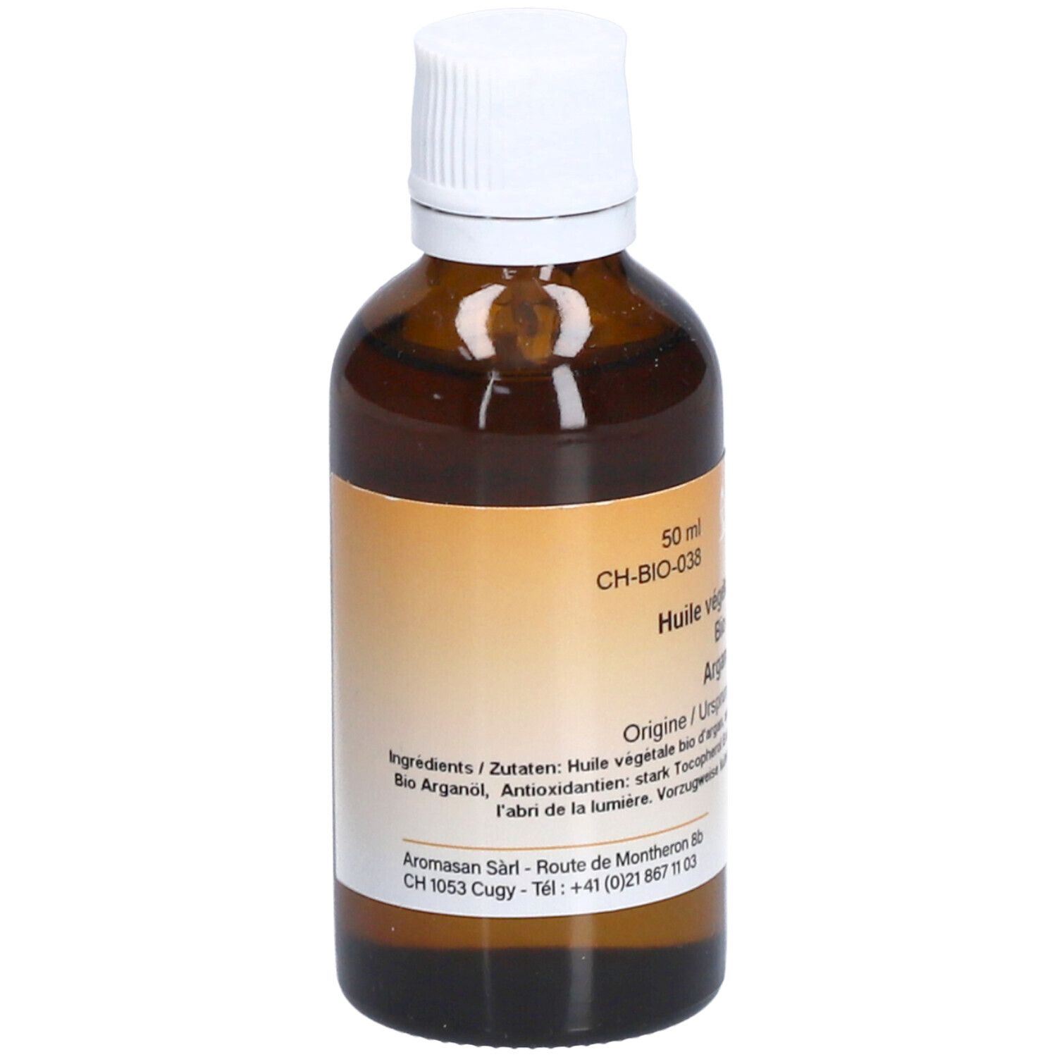 Rückseite einer braunen Glasflasche mit weißem Deckel. Etikett mit Produktinformationen. Aromasan.