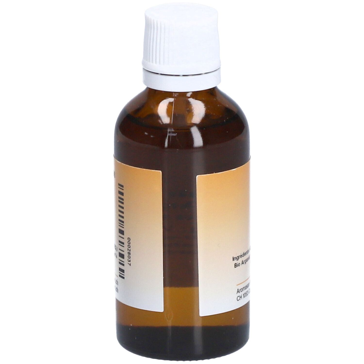 Rückseite einer braunen Glasflasche mit weißem Deckel. Etikett mit Produktinformationen und Barcode.