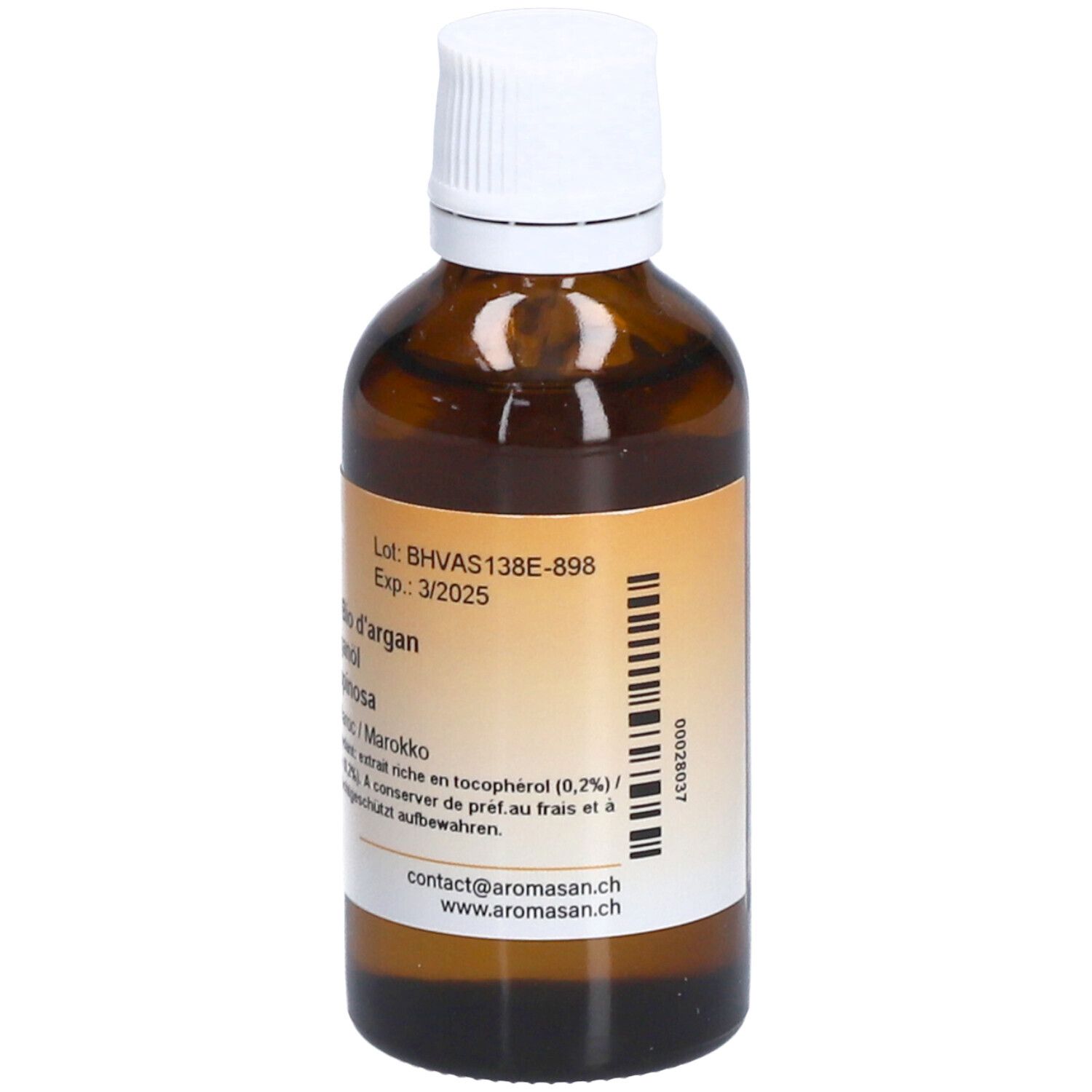 Rückseite einer braunen Glasflasche mit weißem Deckel. Etikett mit Produktinformationen und Barcode.