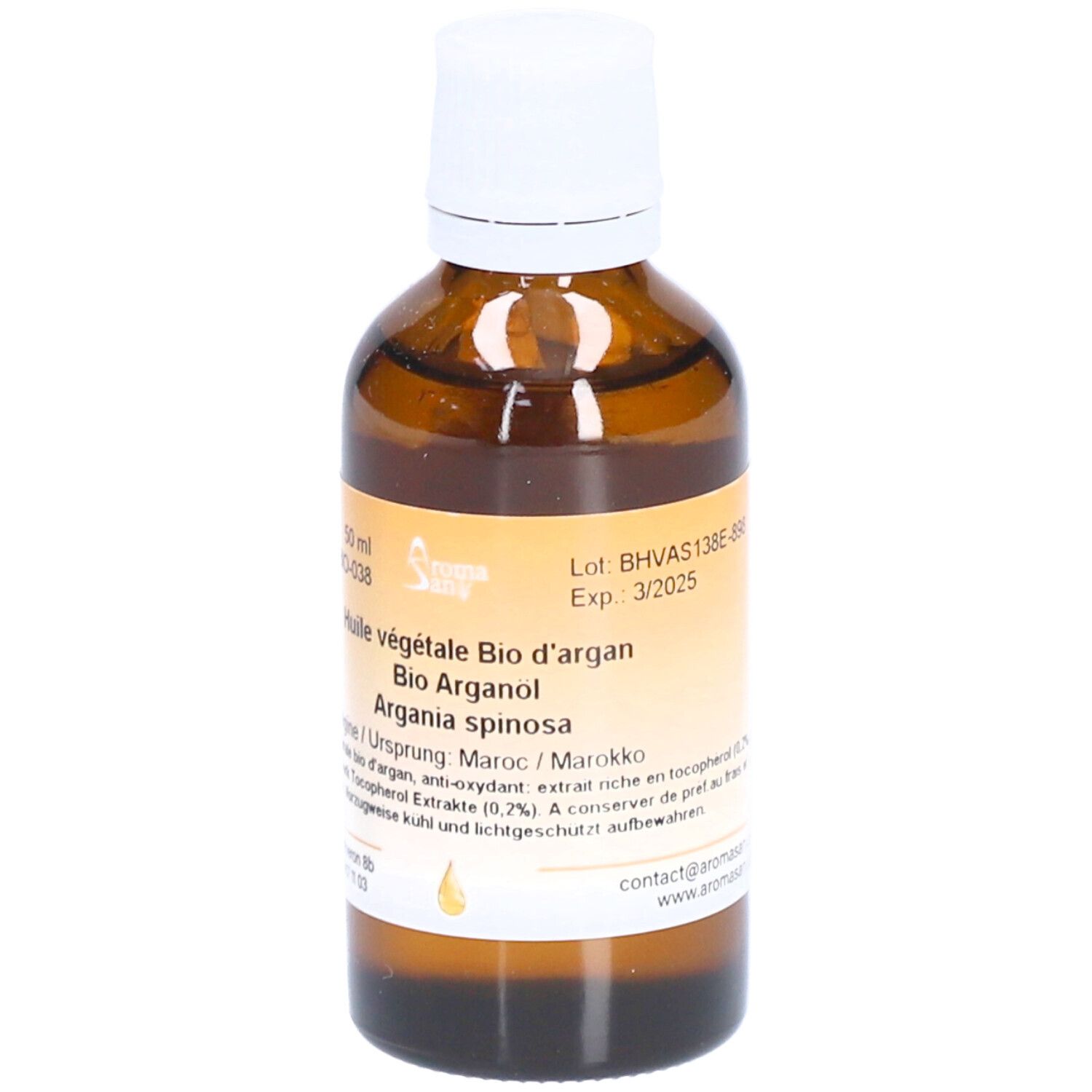 Braune Glasflasche mit weißem Deckel. Etikett mit Produktinformationen. Aromasan Bio Arganöl.