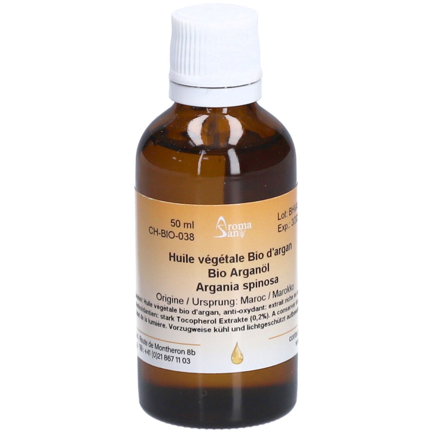 Braune Glasflasche mit weißem Deckel. Etikett mit Produktinformationen. Aromasan Bio Arganöl.