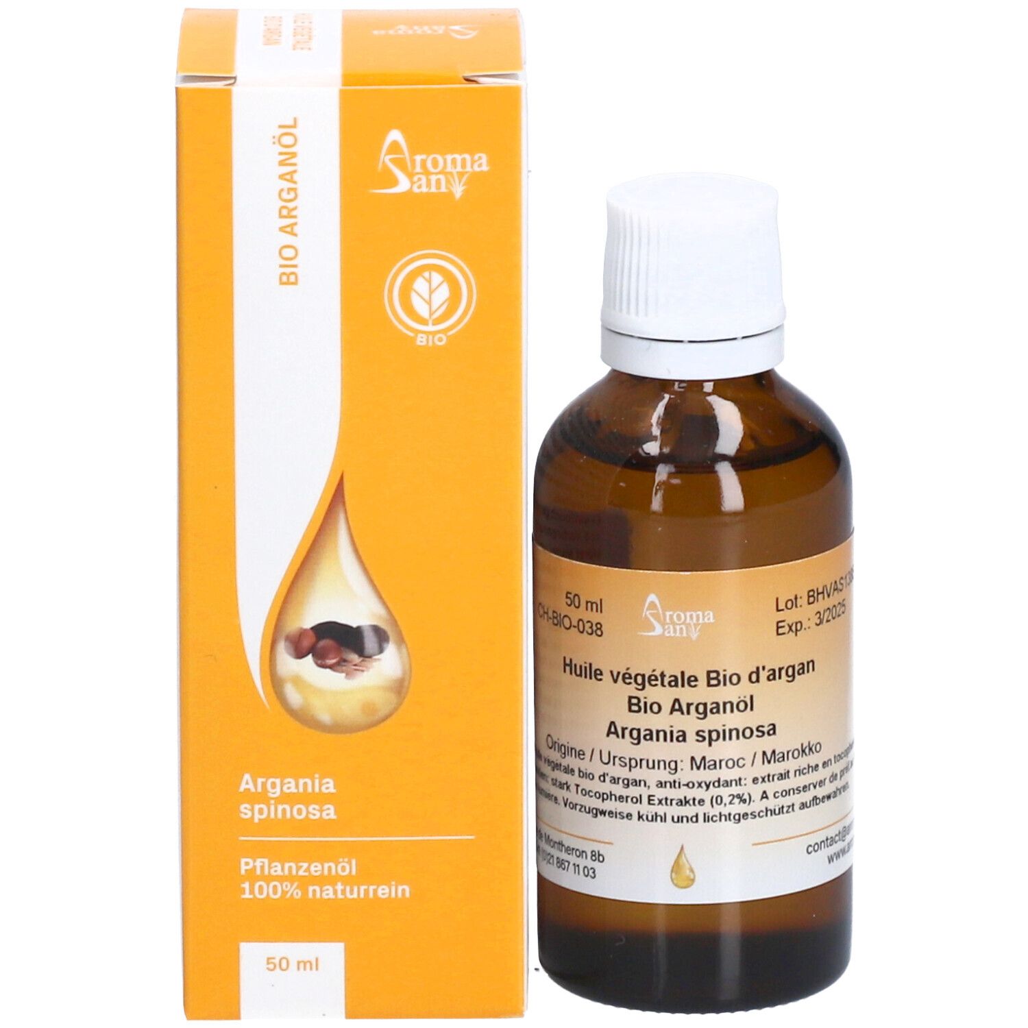 Braune Glasflasche und orangefarbene Schachtel. Schachtel mit Produktabbildung und Schriftzug Bio Arganöl.