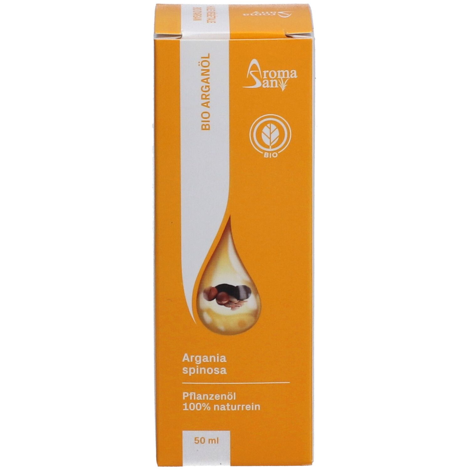Orangefarbene Schachtel mit Produktabbildung und Schriftzug Bio Arganöl. Aromasan Logo.