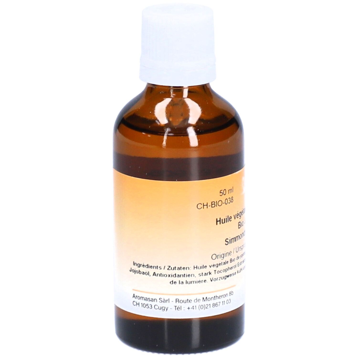 Braune Glasflasche mit weißem Verschluss. Etikett mit Produktinformationen. 50 ml. Text: Inhaltsstoffe, Ursprung, Tocopherol.